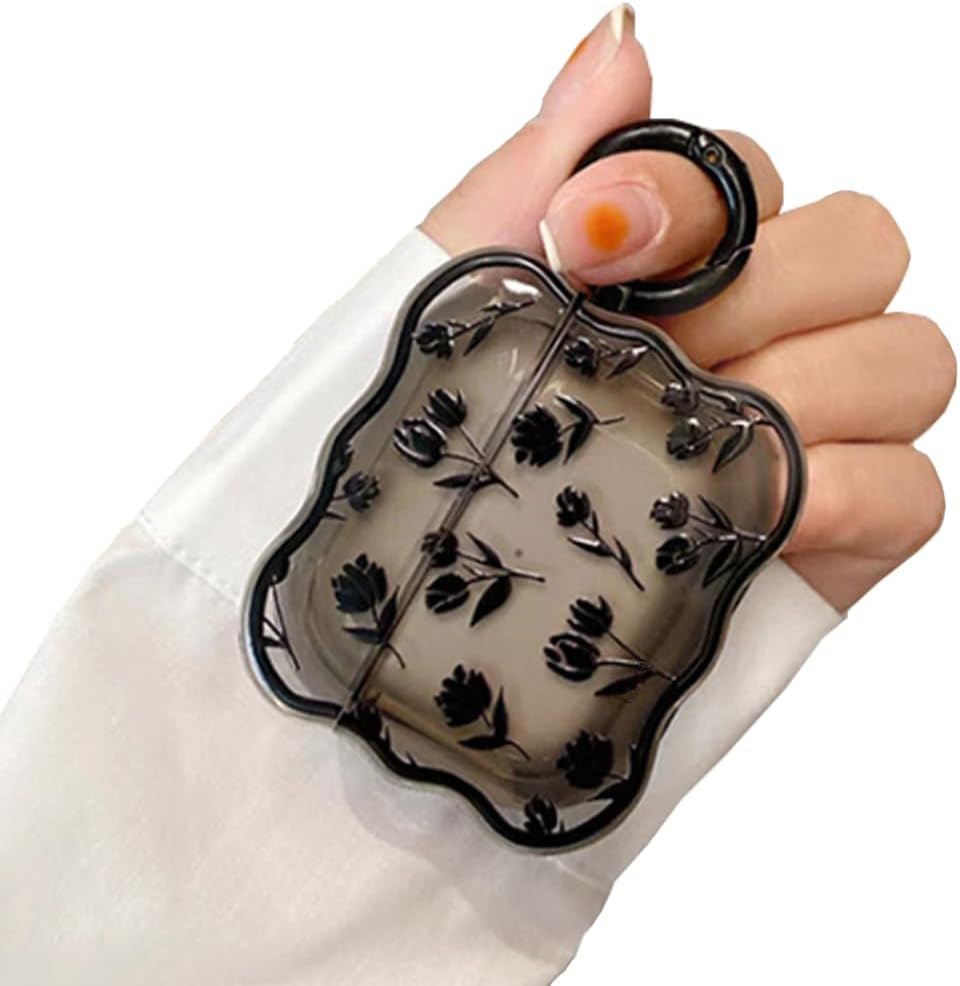 Cute Black Flower AirPods Pro Case with Keychain - Soft Silicone Protective Cover for AirPods Pro Charging Case - Kawaii Cartoon Design for Women, Girls & Kids - Perfect for School, Travel & Daily Use