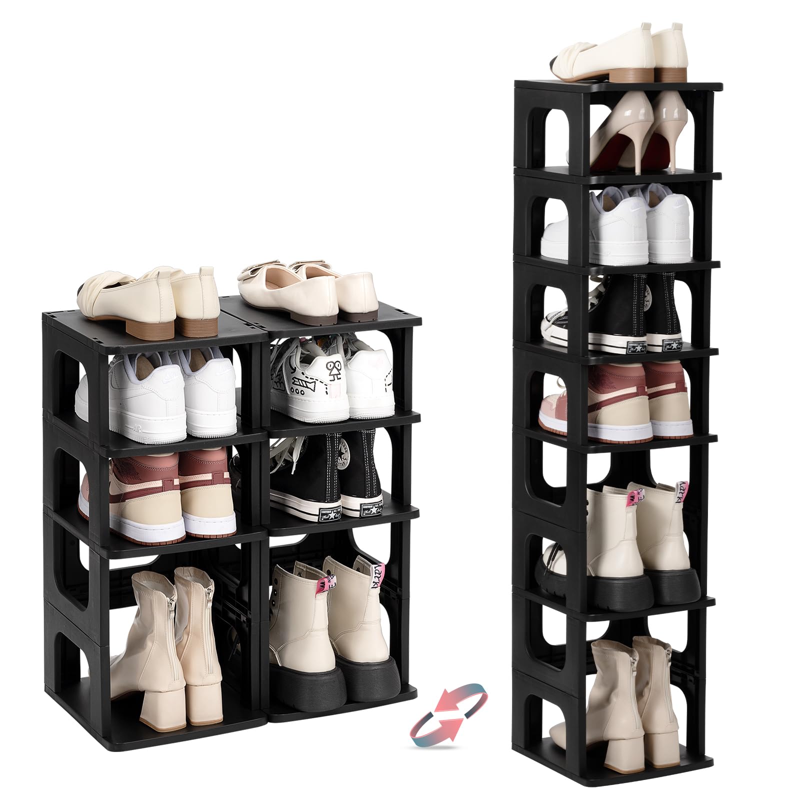 TRZZ 4-Tier Vertical Shoe Rack Organizer - Space Saving Stackable Shoe Storage with Removable Dividers for Closet, Entryway & Small Spaces - Perfect for Apartments, Dorms & Tight Areas (Black)
