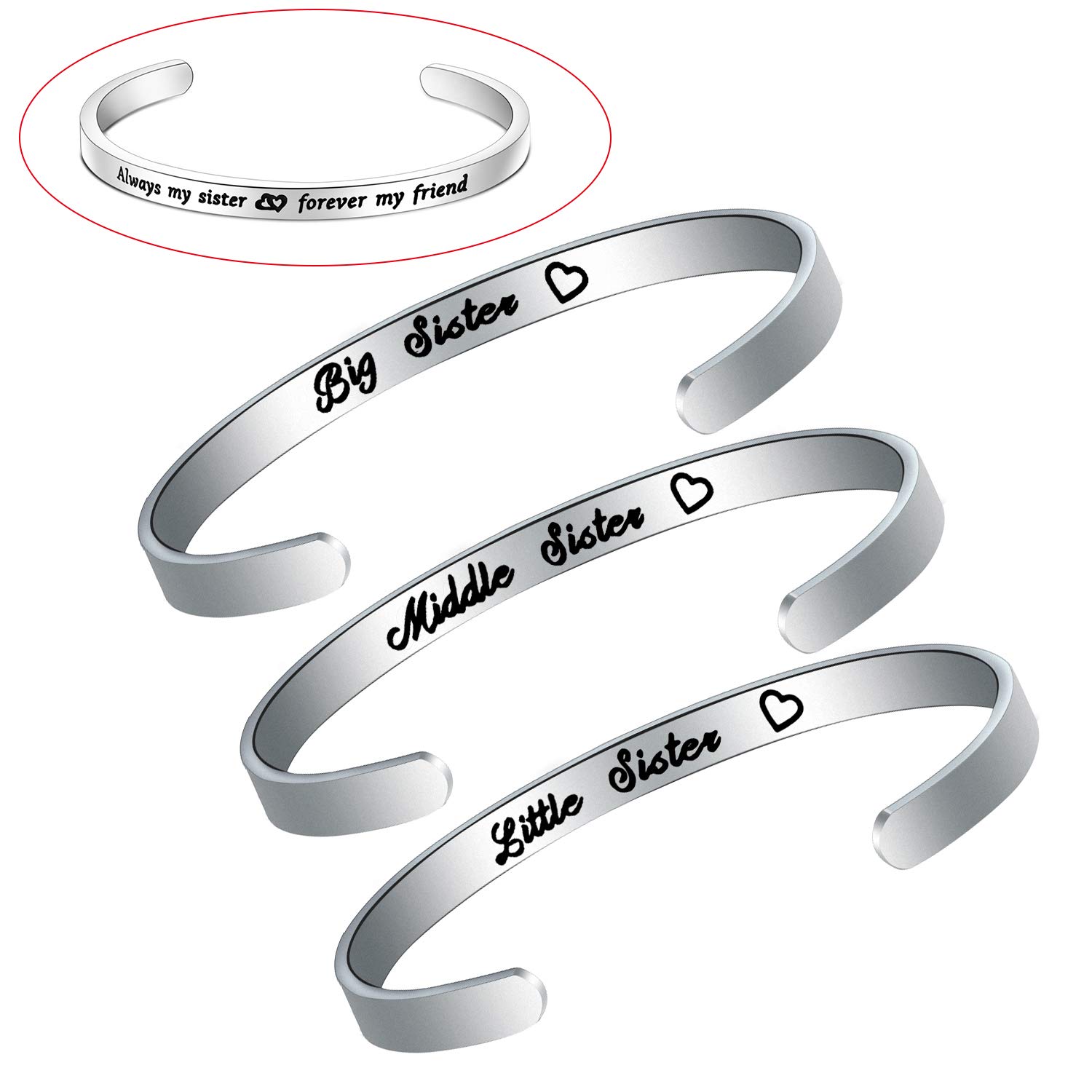 HOLLP Sister Bracelet Set - Always My Sister Forever My Friend Cuff Bangle for Big, Middle & Little Sisters | 3-Piece Matching Jewelry Gift for Sisters from Brother or Sister | Perfect for Birthdays, Anniversaries & Family Reunions