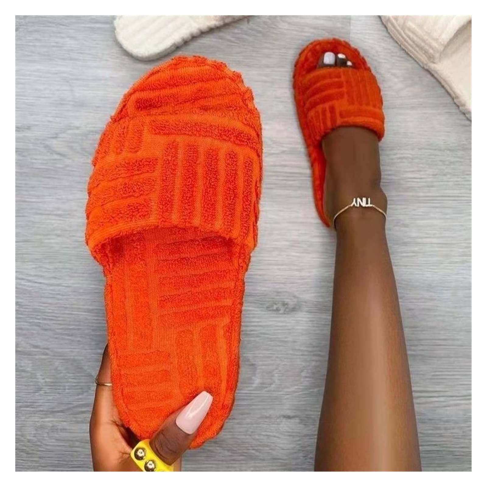 Soft Terry Cloth Open-Toe Slippers for Women - Breathable Cotton Indoor House Shoes (Orange, Size 41) - Perfect for Relaxing at Home, Spa Days & Cozy Lounging