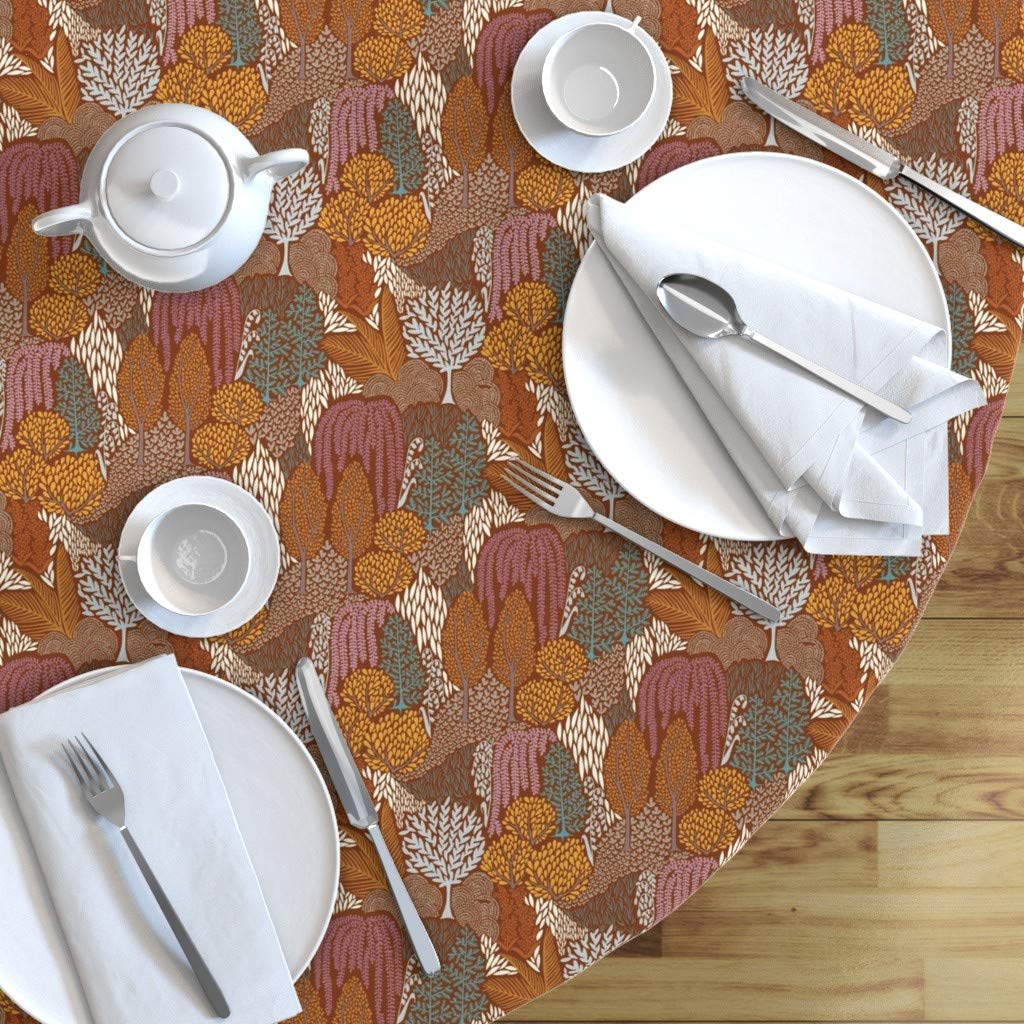 Custom Printed Spoonflower Cotton Sateen Tablecloth - 90 Inch Round Rustic Autumn Woodland Design with Trees, Leaves & Forest Print for Thanksgiving & Fall Decor | Perfect for Dining Tables, Holiday Gatherings & Seasonal Home Decor