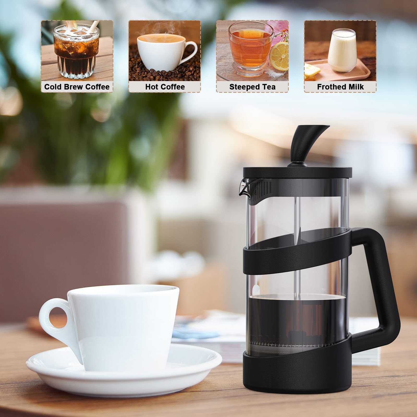 RAINBEAN Mini French Press Coffee Maker 12 oz (350ml) - Portable Travel & Camping Coffee Brewer, Compact Stainless Steel French Press for Hot & Iced Coffee, Tea & Frothed Milk - Perfect for Home, Office & Outdoor Adventures (Black)