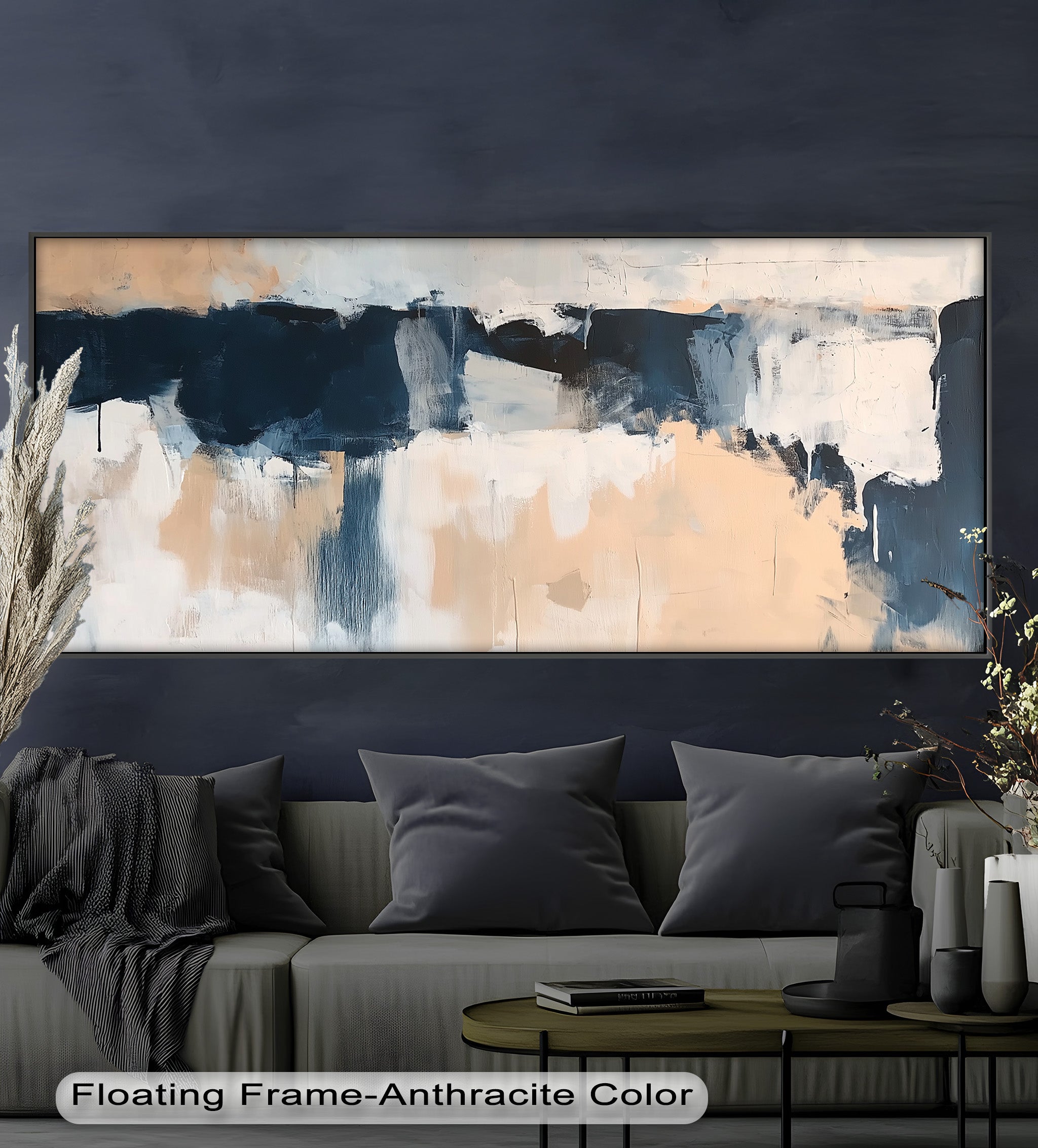 Coastal Horizon - Neutral Navy Abstract Oil Painting on Canvas | Modern Wall Art for Living Room, Bedroom & Office Decor