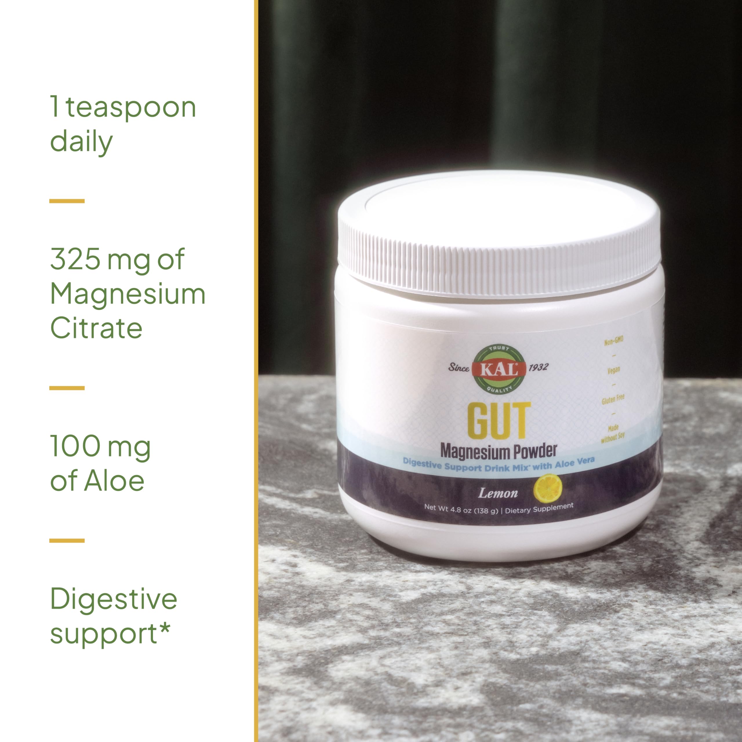 KAL Gut Magnesium Plus Aloe Vera Powder - Lemon Flavored Magnesium Citrate Supplement with Aloe Vera Gel for Digestion & Relaxation Support - Sugar-Free Drink Mix - 40 Servings (4.8oz) - 60-Day Guarantee | Perfect for Post-Workout Recovery & Stress Relief