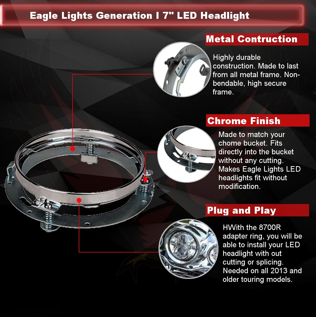 Eagle Lights 7 Inch LED Headlight for Harley Touring Models (Street Glide, Ultra Classic) with Chrome Passing Spot Lamps & Free Adapter Ring - Compatible with 2013 & Older Bikes - Perfect for Night Riding & Enhanced Visibility