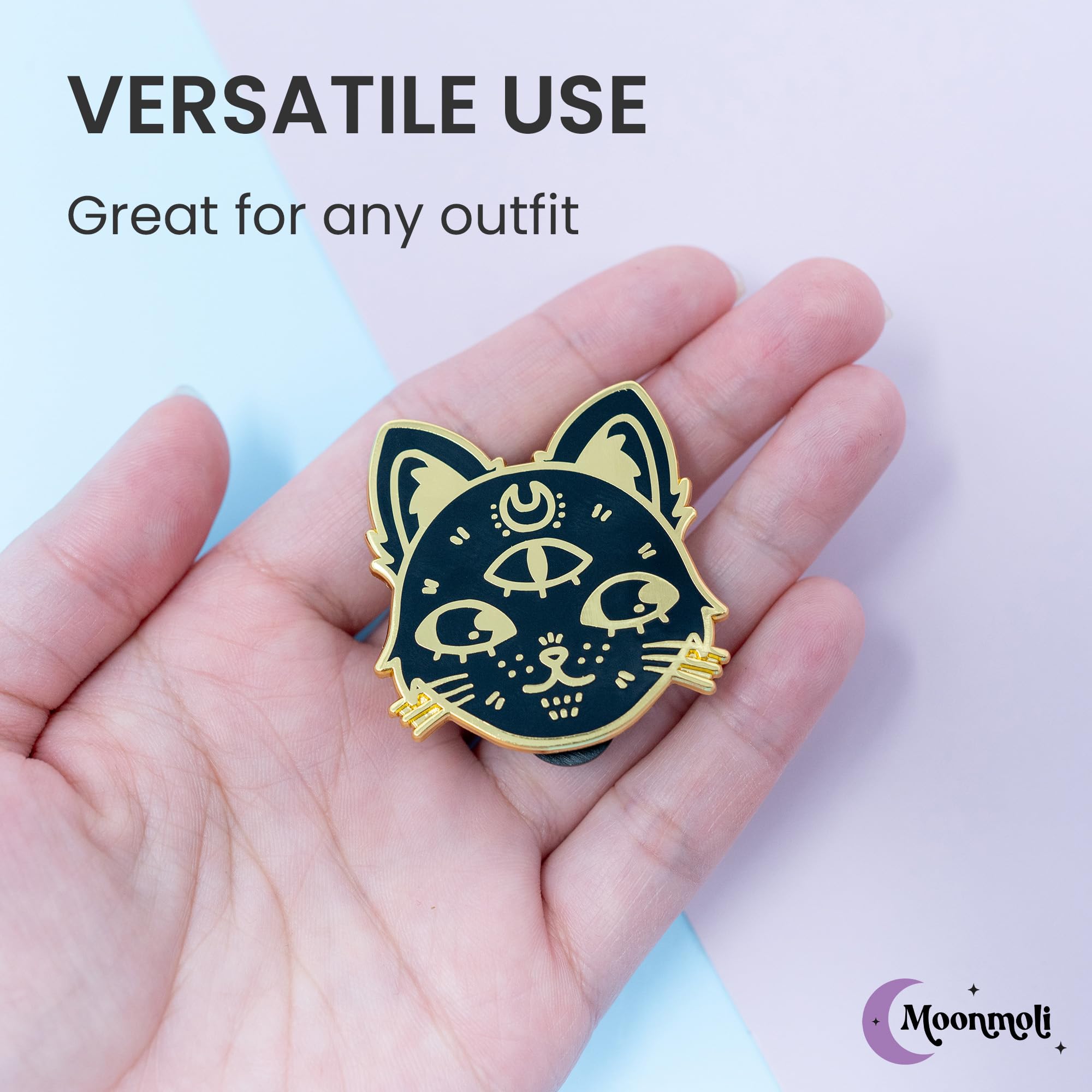 Black Cosmic Witch Cat Enamel Pins - Aesthetic Cat Lover Accessories with Crescent Moon & Third Eye Chakra Design for Halloween - Premium Metal Pins for Backpacks, Jackets, Hats & Denim | Perfect for Goth Fashion, Festival Outfits & Witchy Style