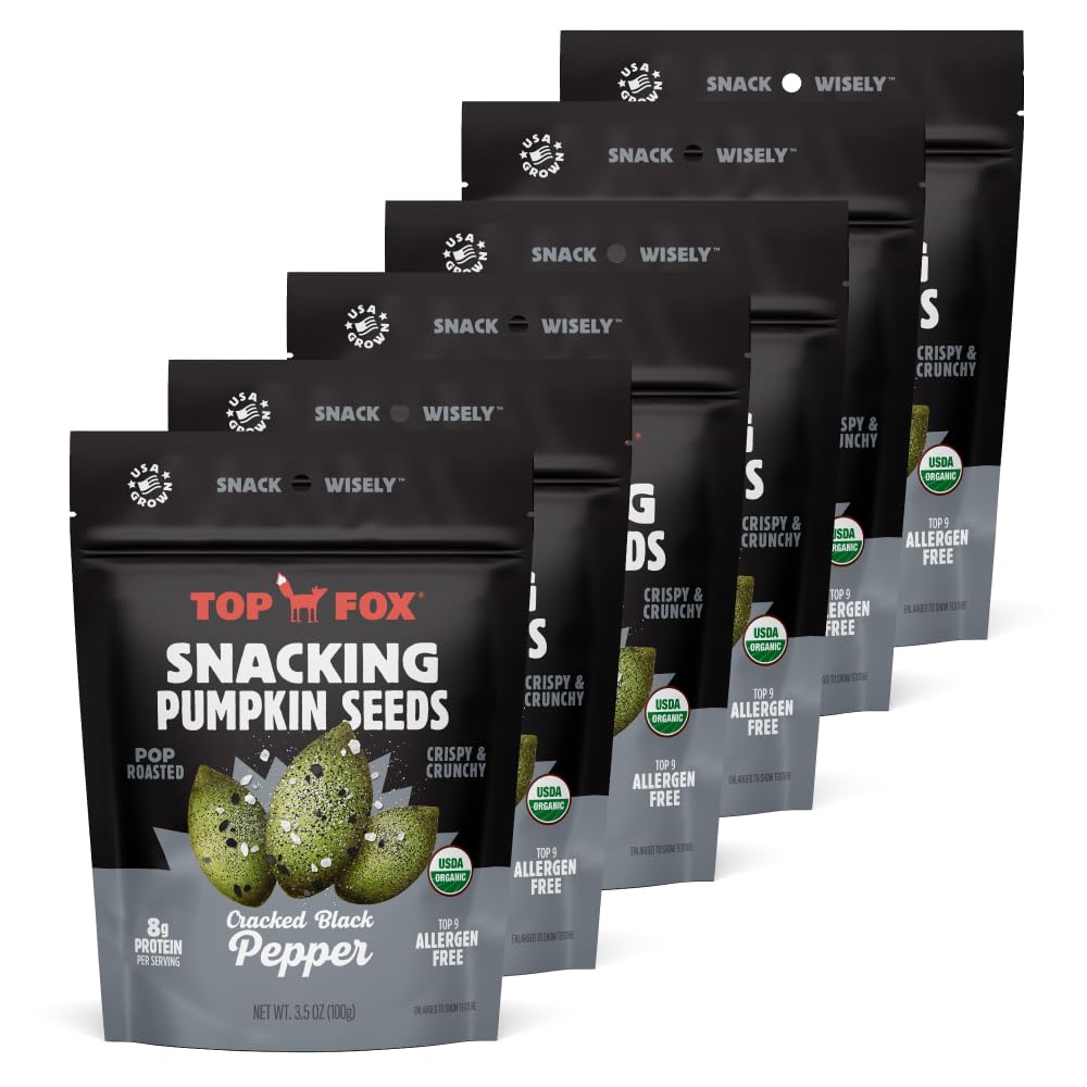 Organic Pop-Roasted Pumpkin Seeds by Top Fox Snacks | Healthy Protein Snacks - Gluten Free, Keto & Vegan Friendly (Salt & Pepper, 3.5oz - 6 Pack) | Perfect for On-the-Go, Office & Post-Workout Nutrition