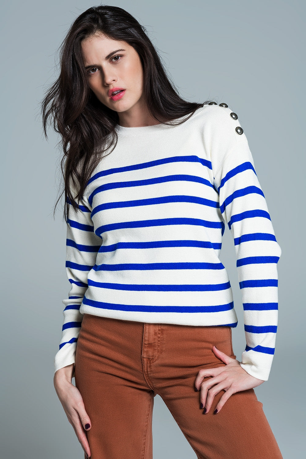 Women's White Button-Down Shoulder Stripe Blouse - Casual Office Wear & Spring Outfits