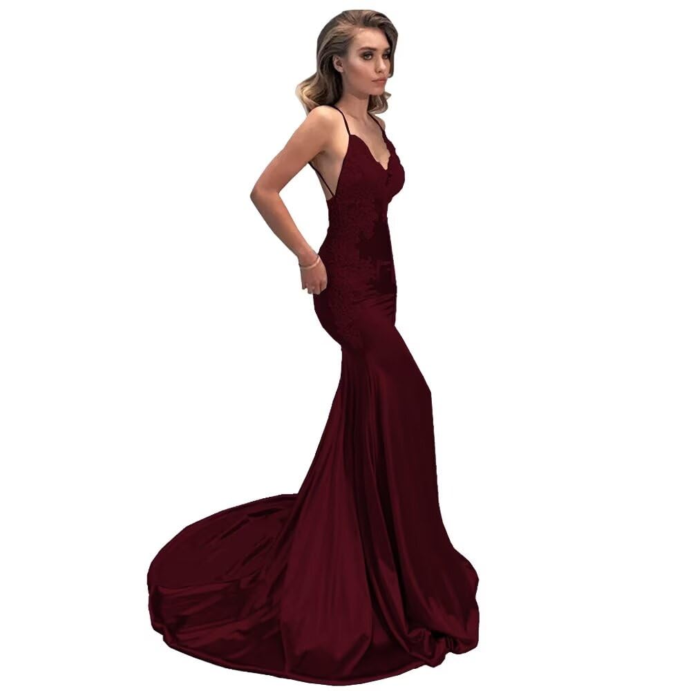 Elegant Burgundy Mermaid Lace Prom Dress with Long Train & Open Back - Perfect for Formal Dances, Weddings & Special Occasions