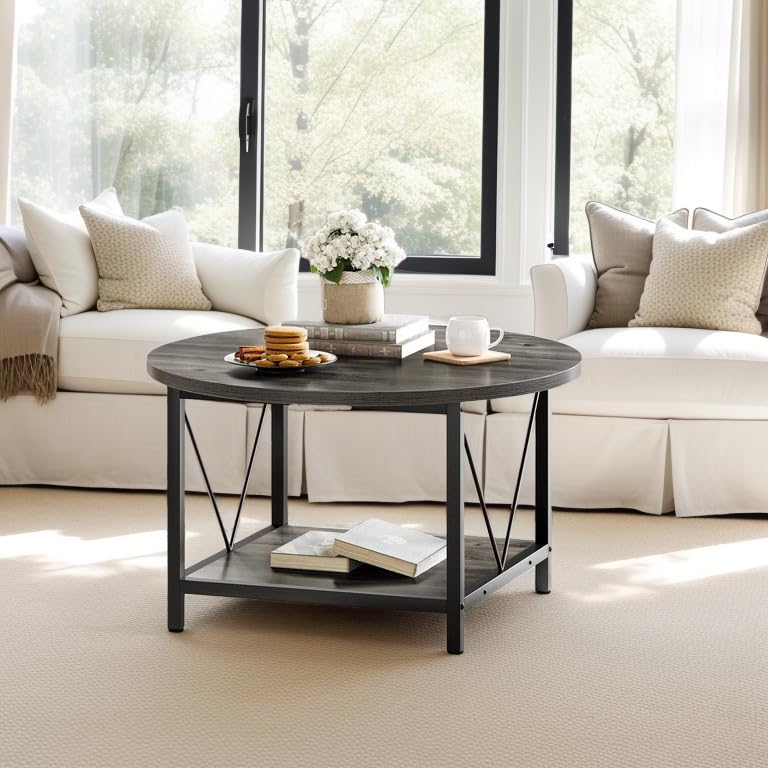 YITAHOME Modern Round Coffee Table with Storage - 2 Tier Wooden Circle Center Table with Metal Frame, Gray - Perfect for Living Room, Small Spaces & Home Decor