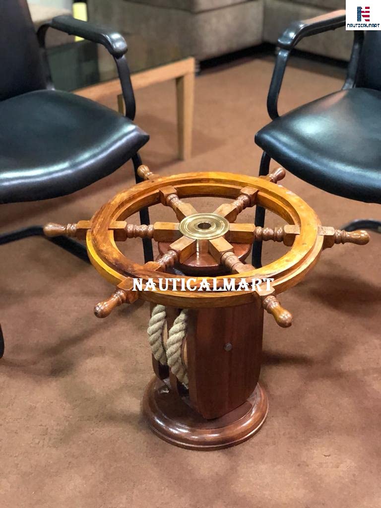 Nautical Ship Wheel Coffee Table with Rope Base - 36
