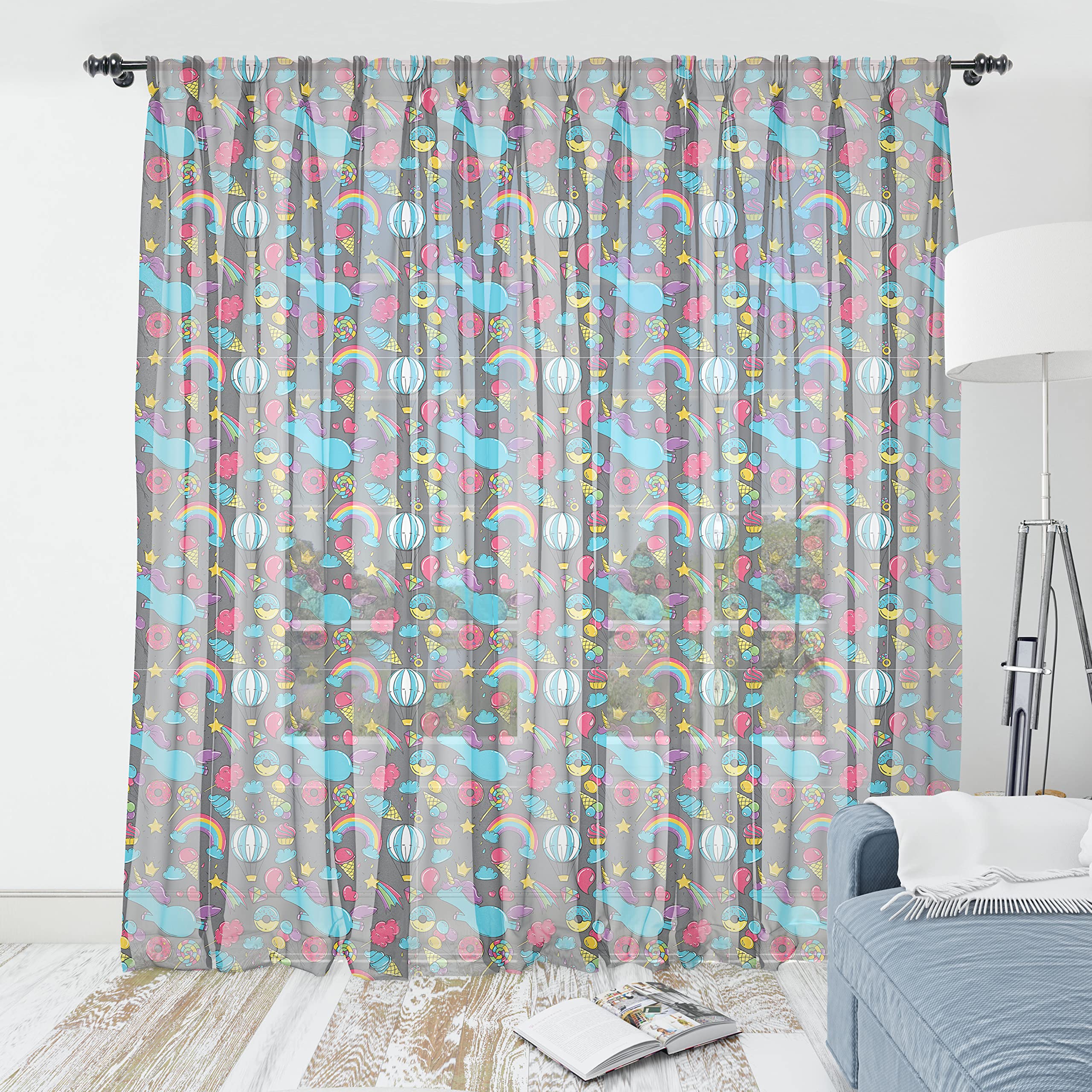 Ambesonne Unicorn Tulle Curtains - Sheer Rainbow Fantasy Window Drapes with Rod Pocket, 108