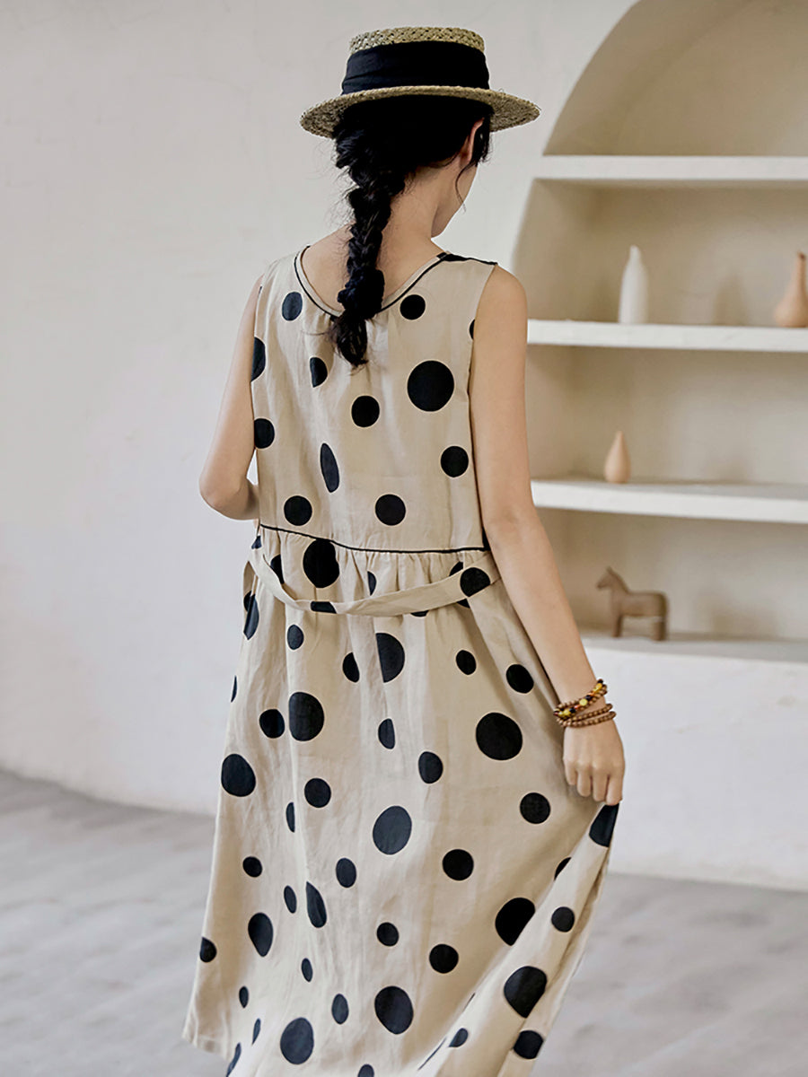Plus Size Women's Summer Casual Dot Print Drawstring Linen Vest Dress - Perfect for Beach, Vacation & Outdoor Activities
