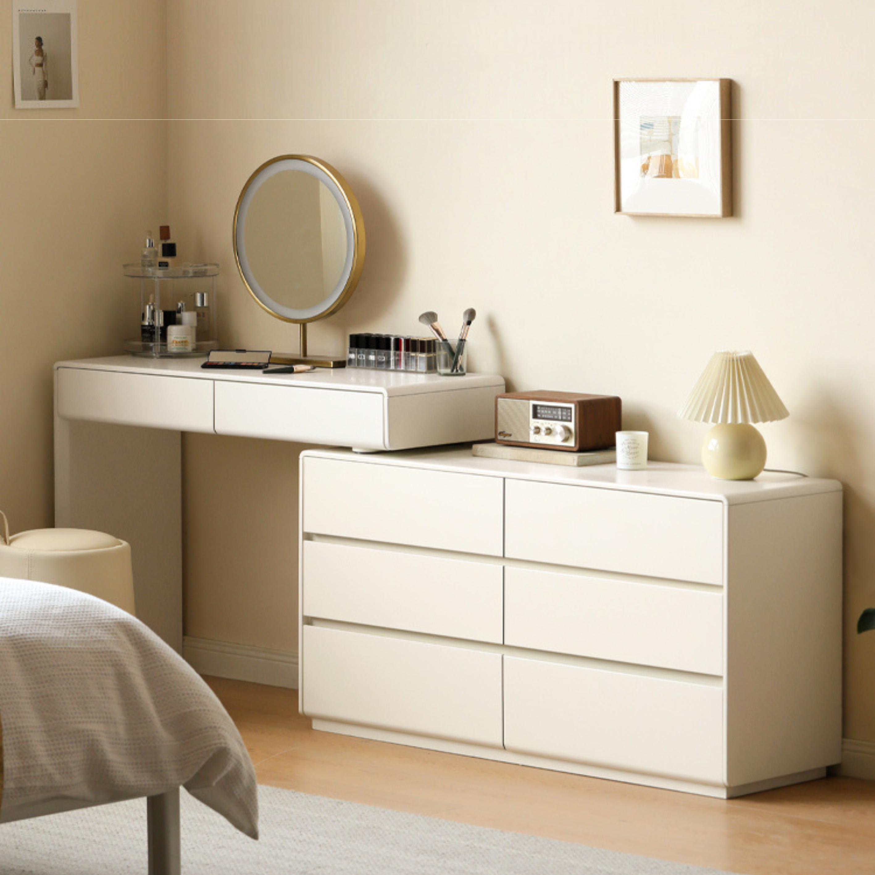 Stylish Poplar Solid Wood L-Shaped Dressing Table with Mirror - Perfect for Bedroom Vanity & Makeup Organization