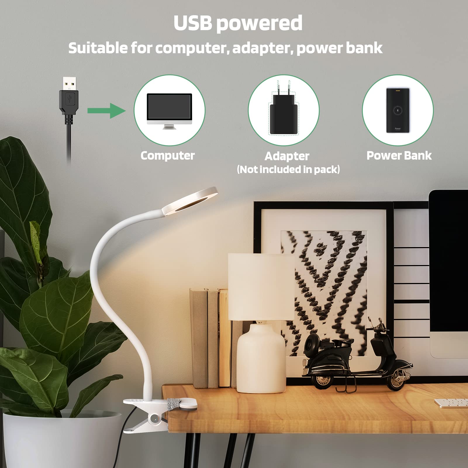 Glorious-Lite LED Clip On Reading Light - 36 LED Eye-Caring Book Light with 4 Brightness Modes & 360° Adjustable Gooseneck - Perfect for Bedside, Desk, Computer, Headboard, Dorm Room & Night Reading (White)