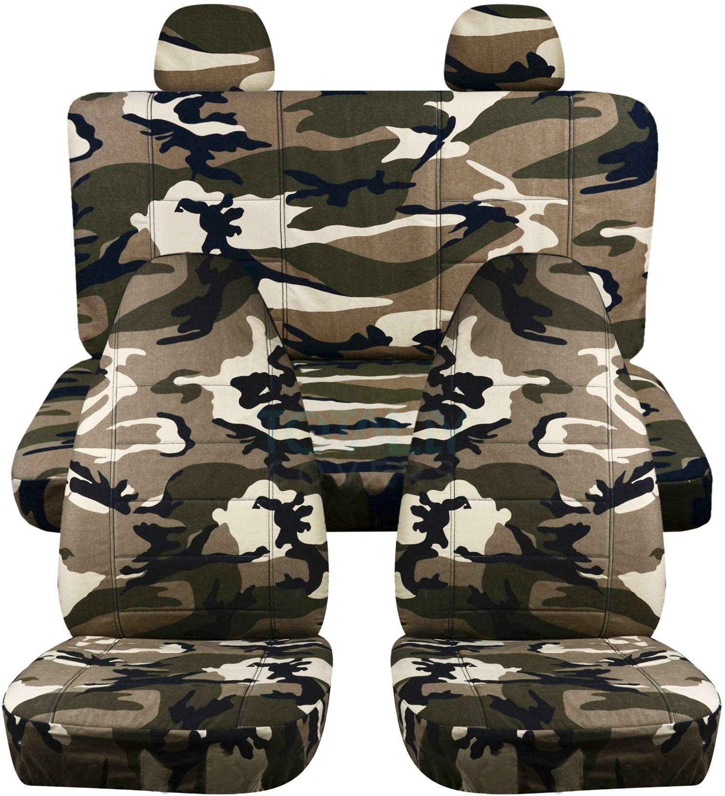 Tan & Beige Camouflage Car Seat Covers Full Set with 2 Rear Headrest Covers - Universal Fit for Cars, Trucks, Vans, RVs & SUVs - 22 Custom Prints - Perfect for Outdoor Adventures, Hunting & Off-Roading