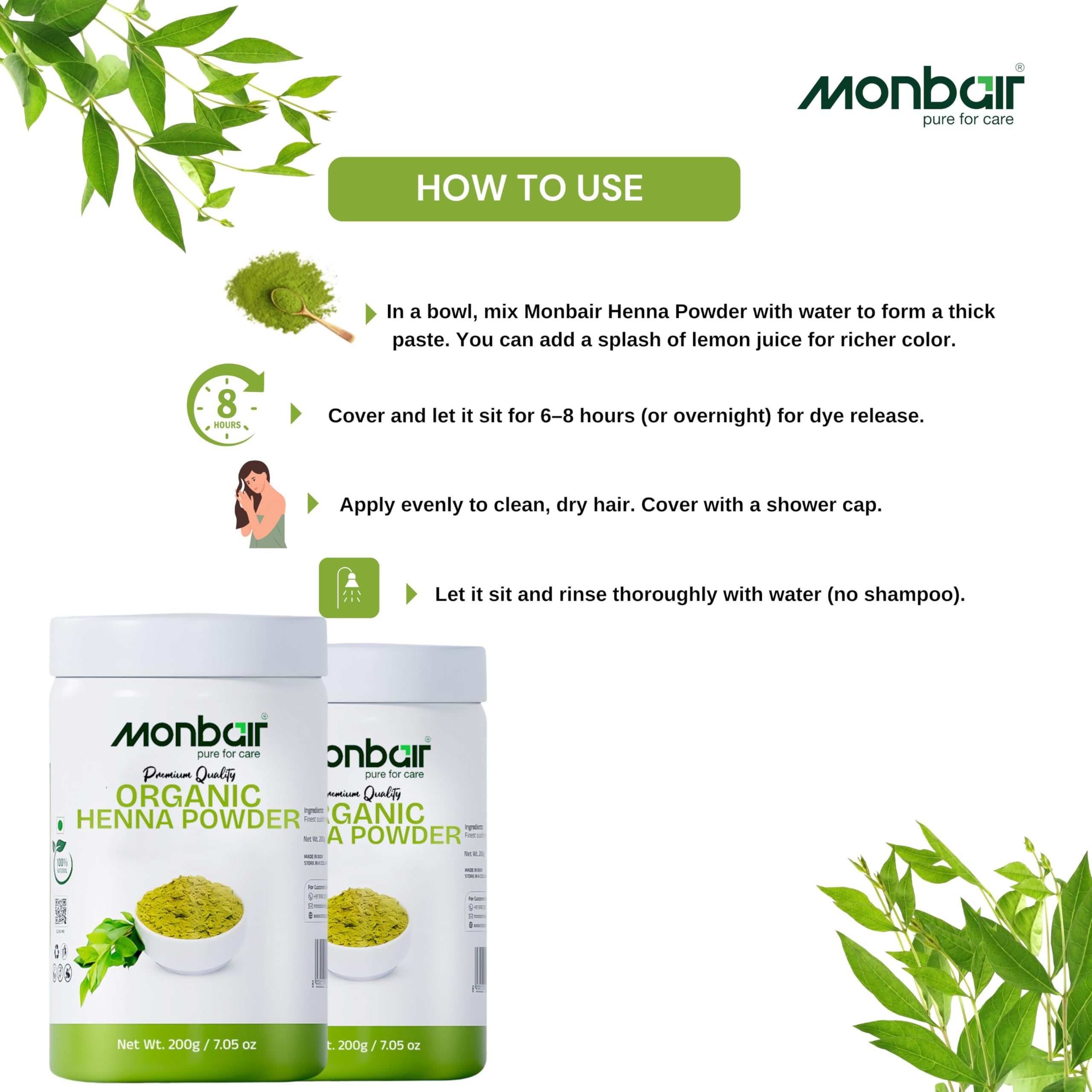 MONBAIR 100% Natural Organic Henna Powder for Hair - 200g | Chemical-Free Hair Care for Men & Women | Promotes Hair Growth & Color | Perfect for DIY Hair Treatment & Natural Dyeing at Home