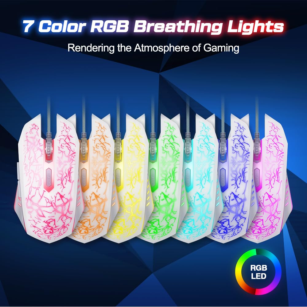VersionTECH. Wired Gaming Mouse - Ergonomic RGB Backlit Mouse with 7 LED Lights, 6 Programmable Buttons & 4 Adjustable DPI for PC, Laptop, Chromebook, Mac - Perfect for Gaming, Office Work & Graphic Design (White)