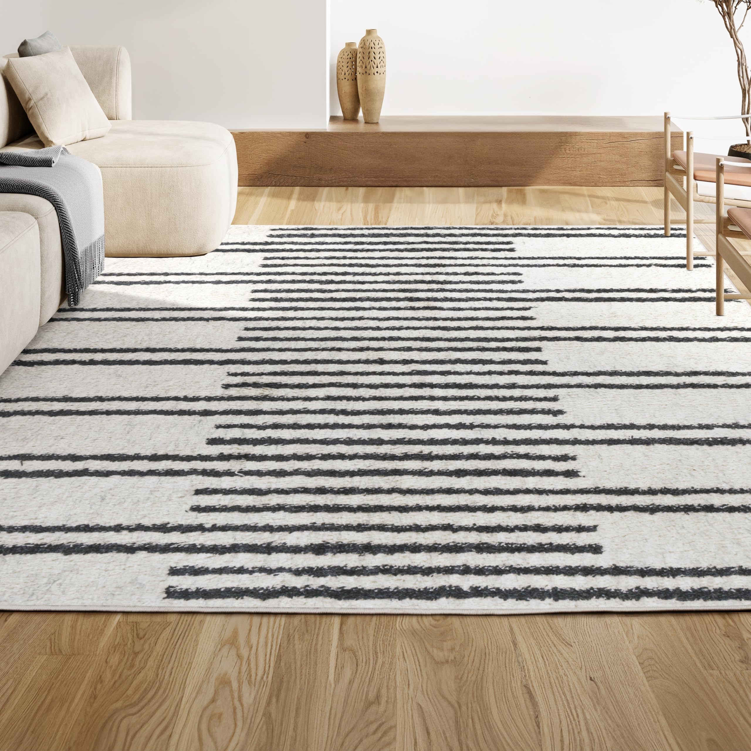 JONATHAN Y MOH406A-8 Petra Stripe Geometric Shag Rug 8x10 - Bohemian Contemporary Area Rug for Bedroom, Living Room & Kitchen - Easy Clean Non-Shedding White/Black Rug - Perfect for Modern Home Decor & Cozy Spaces