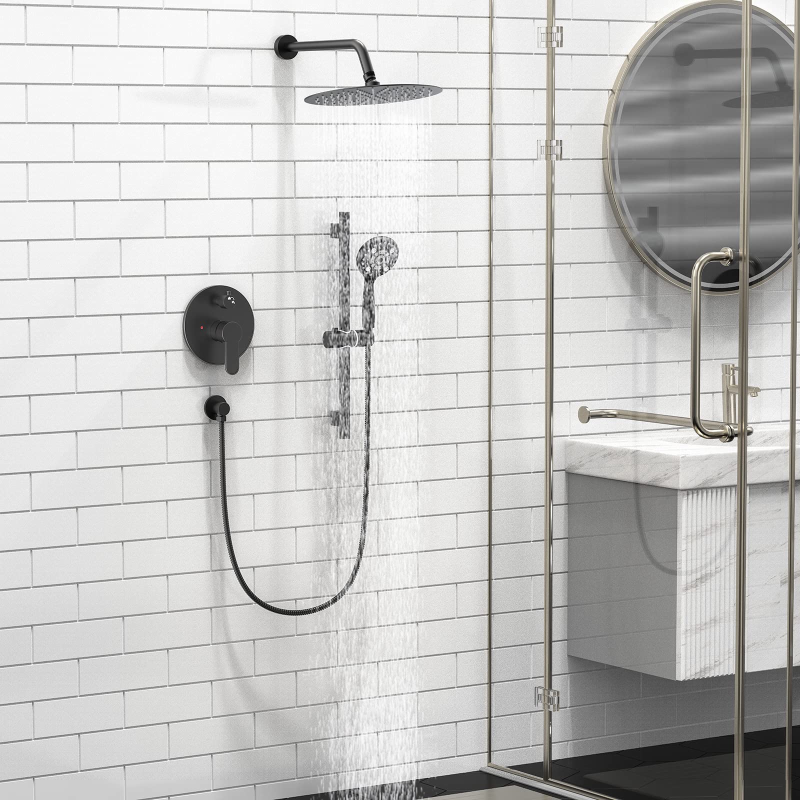 SR SUN RISE 12 Inch Slide Bar Shower System - Round Rainfall Shower Head with 6-Spray Handheld Combo, Wall Mounted Dual Shower Faucet Set Including Valve & Trim Kit in Matte Black - Perfect for Modern Bathroom Renovation and Spa-Like Shower Experience