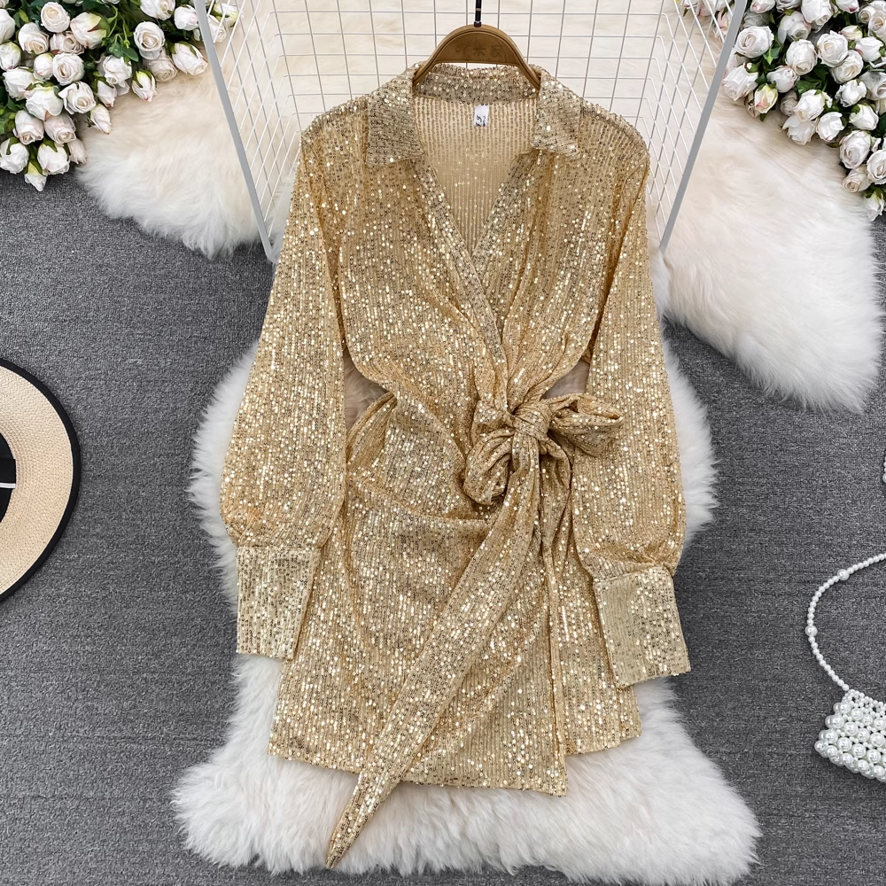 Sparkly Long Sleeve V-Neck Bowknot A-Line Mini Dress for Women | Elegant Party & Cocktail Attire | Perfect for Holiday Events, Date Nights & Special Occasions