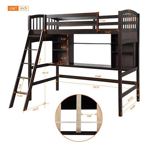Twin Size Wood Loft Bed with Built-in Desk & Storage Shelves - No Box Spring Needed - Espresso Finish - Perfect for Small Bedrooms, Dorms & Kids Rooms