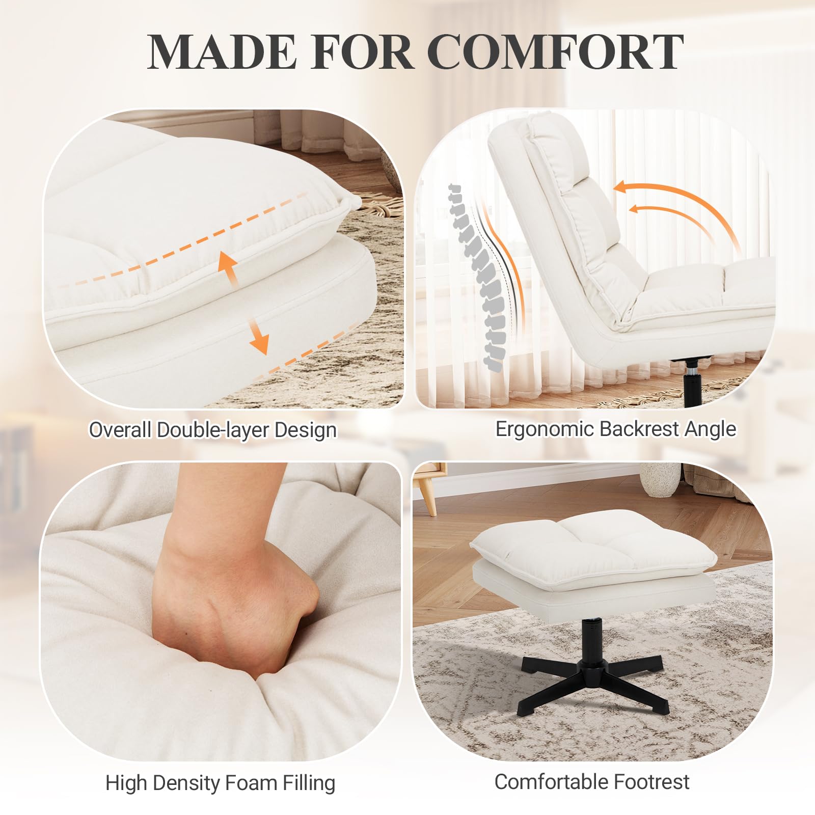 Modern Swivel Accent Chair with Ottoman Set - Velvet Fabric Lounge Chair with Criss Cross Legs & Footrest - Comfortable Reading Chair for Living Room, Home Office & Leisure - Beige - Perfect for Relaxing, Working & Small Space Decor