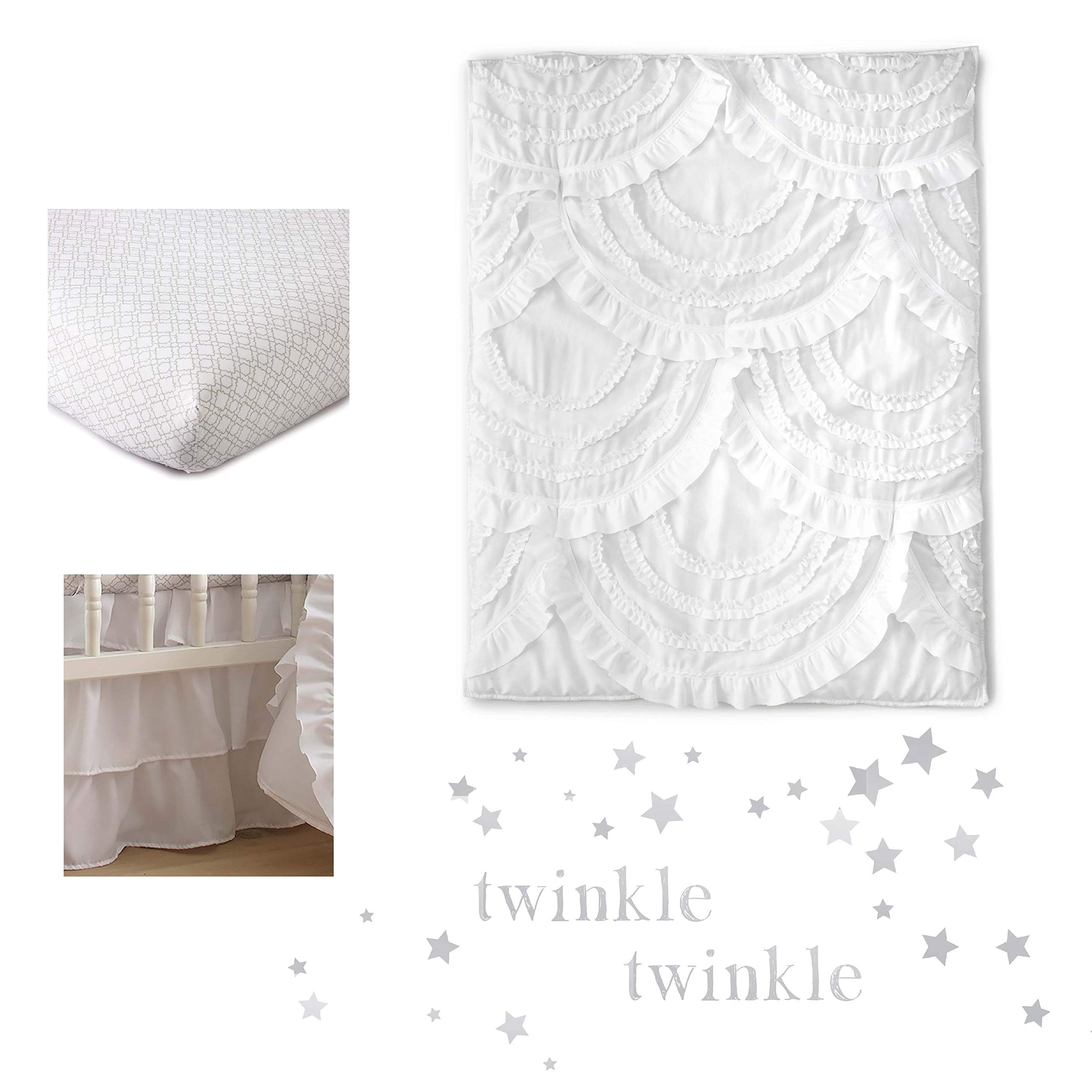 Levtex Baby Skylar 4-Piece Crib Bedding Set - White Soft Cascading Ruffles Quilt, Fitted Sheet, Wall Decal & Crib Skirt - Luxury Nursery Decor for Girls & Boys - Perfect for Baby Showers & Newborn Gifts
