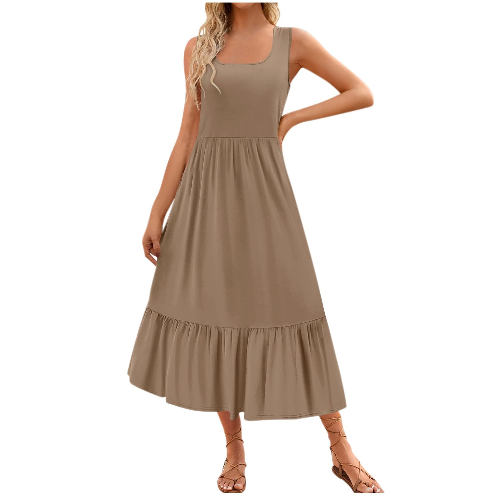 Women's Flowy Sleeveless Square Neck Summer Maxi Dress - Pleated Tiered Casual Beach Dress with Pockets | Perfect for Vacation, Poolside, and Outdoor Events