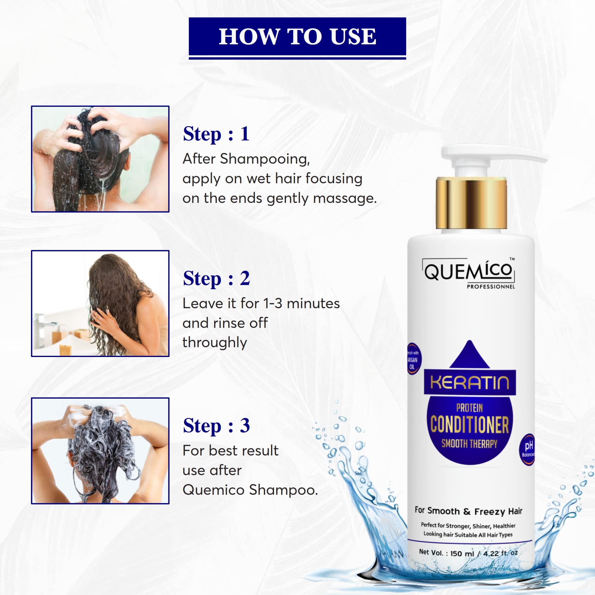 Quemico Professional Sulfate-Free Keratin Shampoo & Conditioner Set (300ml + 150ml) - Keratin Protein Smoothing Hair Care - No Sulfates, Parabens or Silicones - For Damaged, Frizzy & Color-Treated Hair - Salon Quality at Home