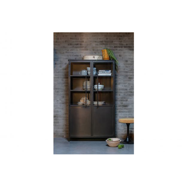 BePureHome Metal Display Cabinet in Black - Modern Glass Showcase for Living Room, Office, or Retail Store Decor