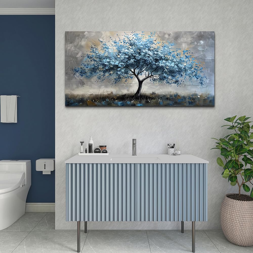 MHARTK66 Farmhouse Wall Art - Blue Tree Landscape Canvas Painting, Large Stretched & Framed Ready to Hang - Perfect for Living Room, Bedroom & Office Decor | Rustic Home Wall Decor for Modern Farmhouse, Apartment & Workspace