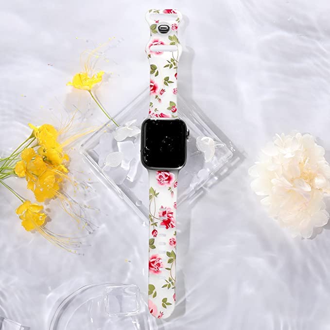 Witzon Floral Greenery Print Silicone Sport Band for Apple Watch Series 8/7/6/5/4/3/2/1/SE/Ultra - 38mm 40mm 41mm 42mm 44mm 45mm 49mm Women's Replacement Strap Accessories - Perfect for Workouts, Running & Everyday Fashion