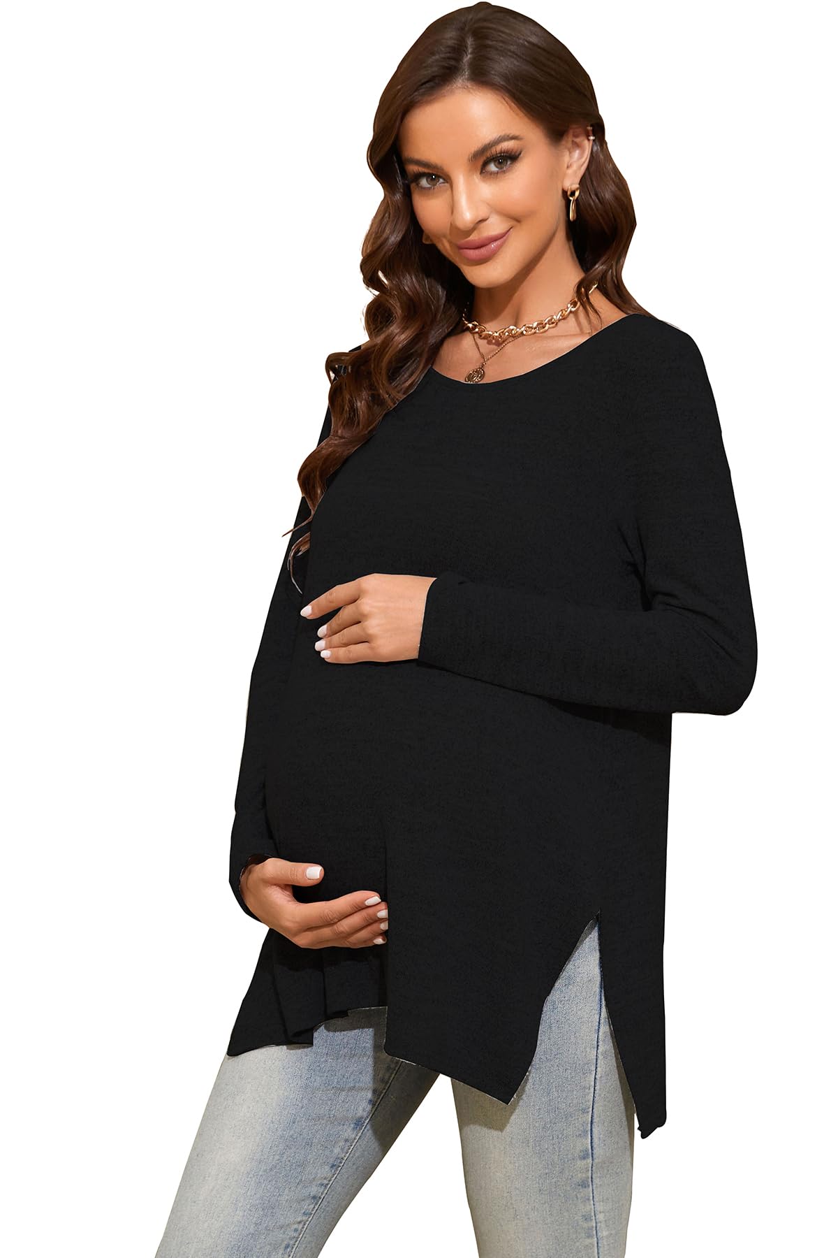 Smallshow Women's Maternity Shirts - Side Split Long Sleeve Pregnancy Tops for Comfort & Style | Perfect for Work, Casual Wear & Maternity Photos