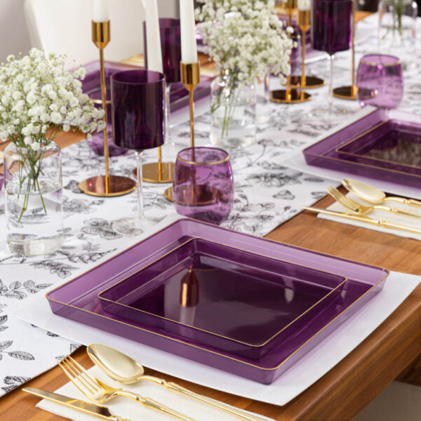Purple and Gold Plastic Party Bundle - Square Edge Disposable Plates, Cups & Cutlery Set for Birthday, Wedding & Celebration Decorations