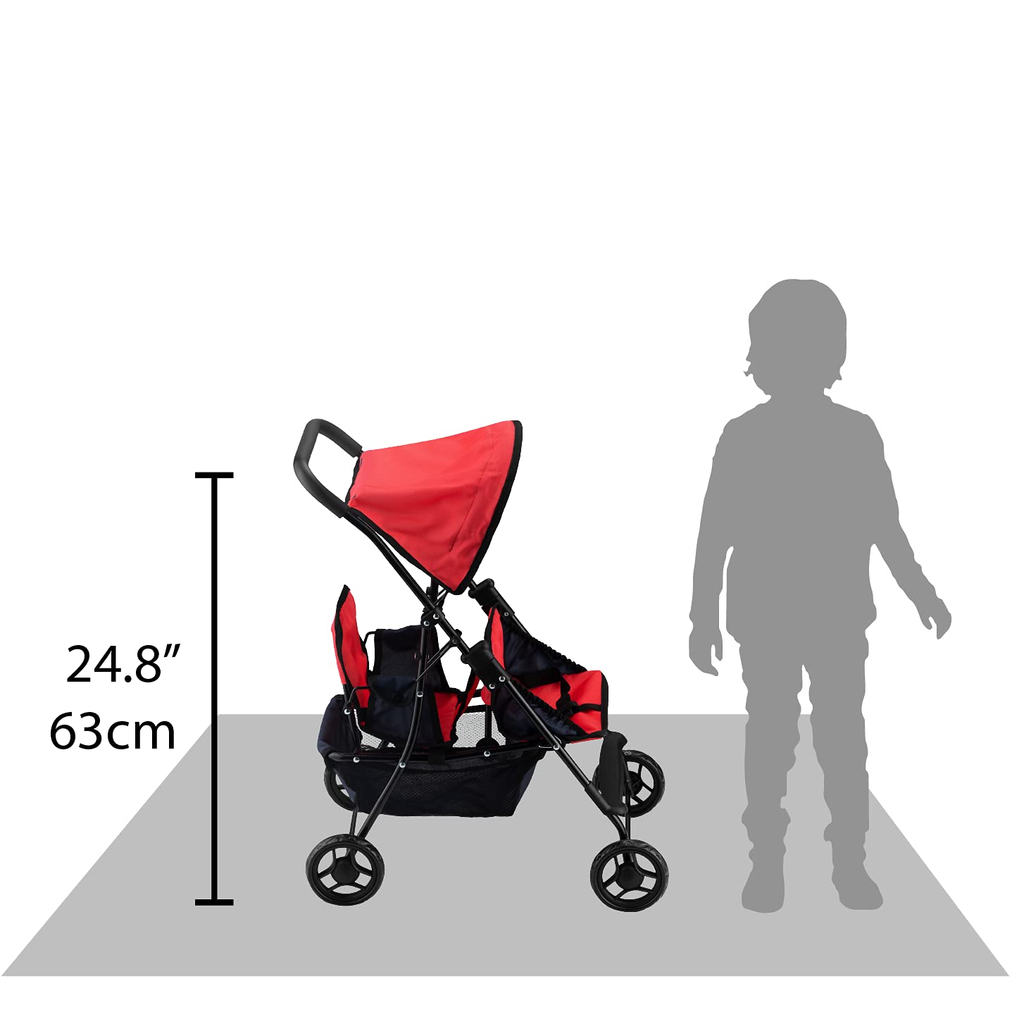 Hushlily® Tandem Double Doll Stroller for Kids - Adjustable Canopy & Storage Basket, Foldable Design with Smooth Rolling Wheels - Perfect for Indoor Play, Outdoor Walks & Doll Care Pretend Play (Red & Blue)