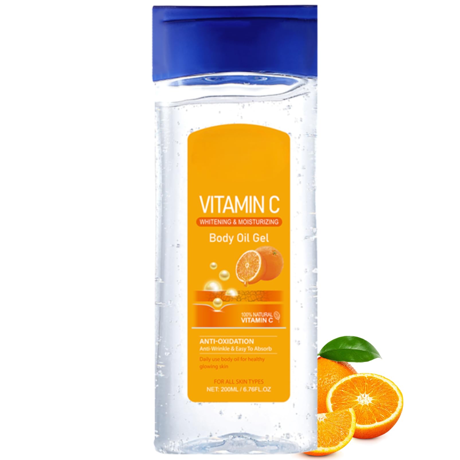 100% Natural Vitamin C Facial & Body Oil Gel for Women - Essential Oils for Skin Care, Anti-Wrinkle & Dry Skin Relief - Fast Absorbing Massage Oil (200ml, Orange) - Perfect for Daily Skincare Routine & Spa Relaxation