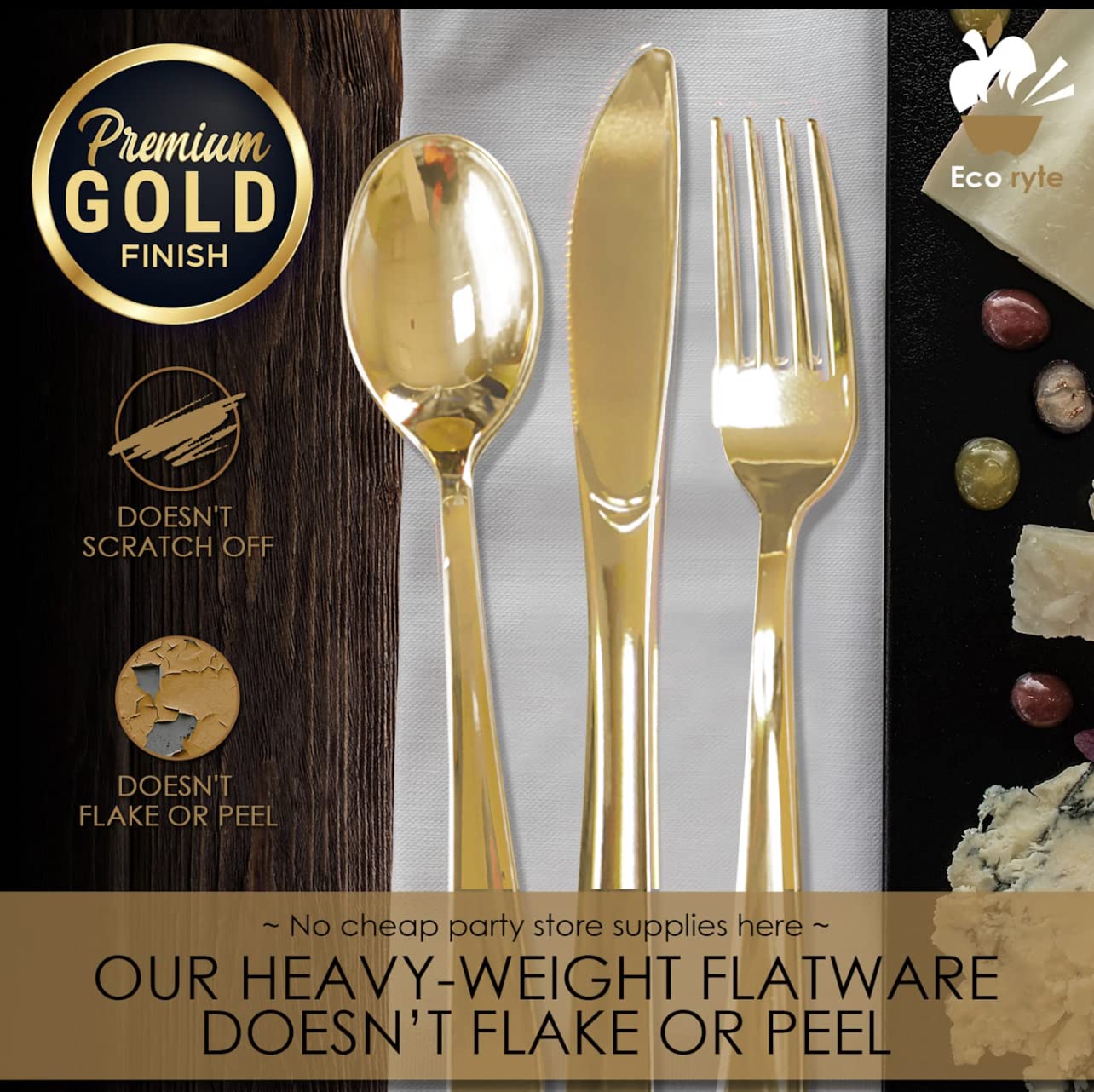 150-Piece Premium Heavy-Duty Gold Plastic Cutlery Set - 50 Forks, 50 Knives, 50 Spoons - BPA-Free Disposable & Reusable Gold Flatware for Parties, Weddings, Catering, Events - Elegant Dining for Home, Restaurant, Picnic & Outdoor Gatherings