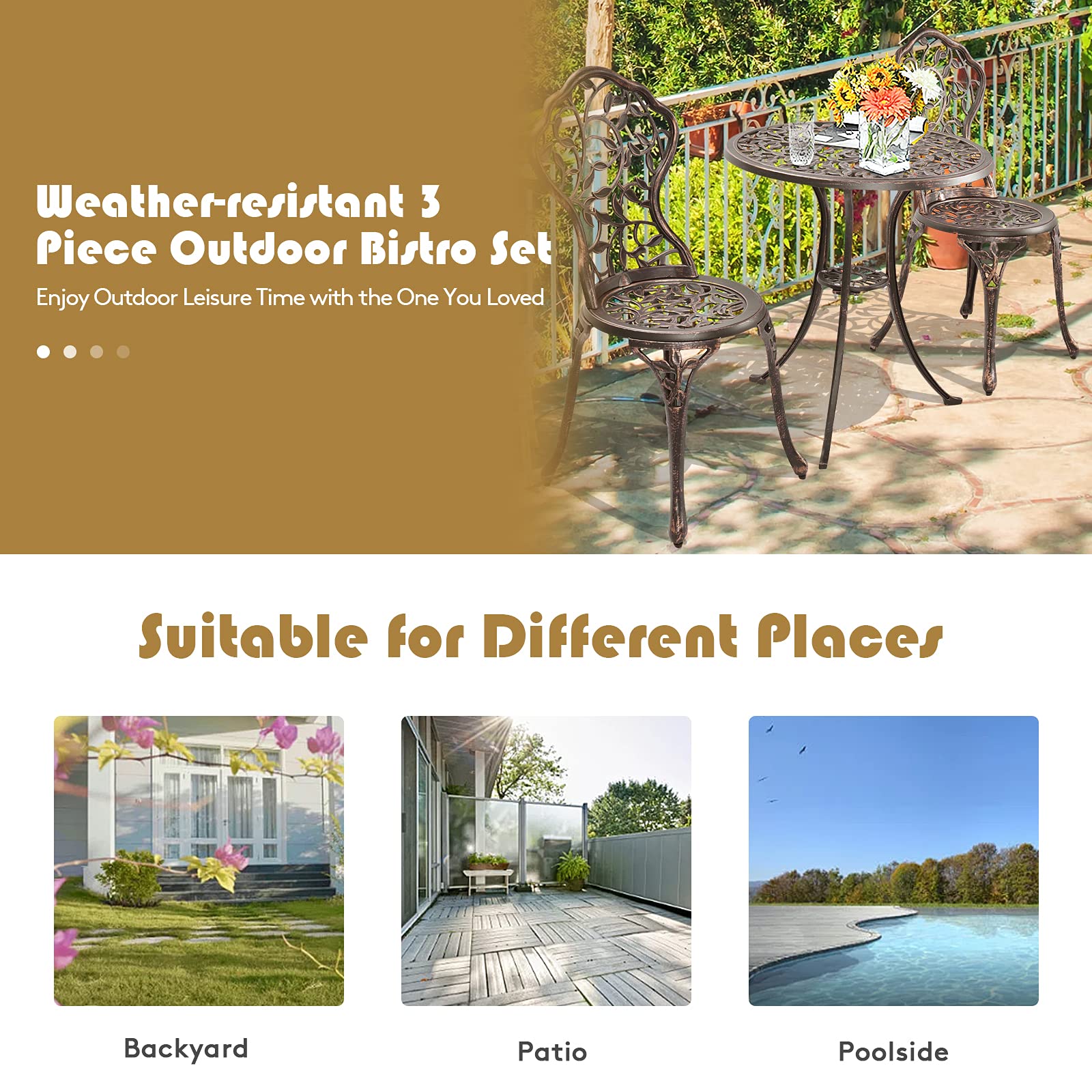 Tangkula 3-Piece Outdoor Bistro Set - Rust-Resistant Cast Aluminum Patio Furniture with Table & Chairs for Balcony, Backyard, Garden & Poolside - Perfect for Outdoor Dining, Lounging and Entertaining
