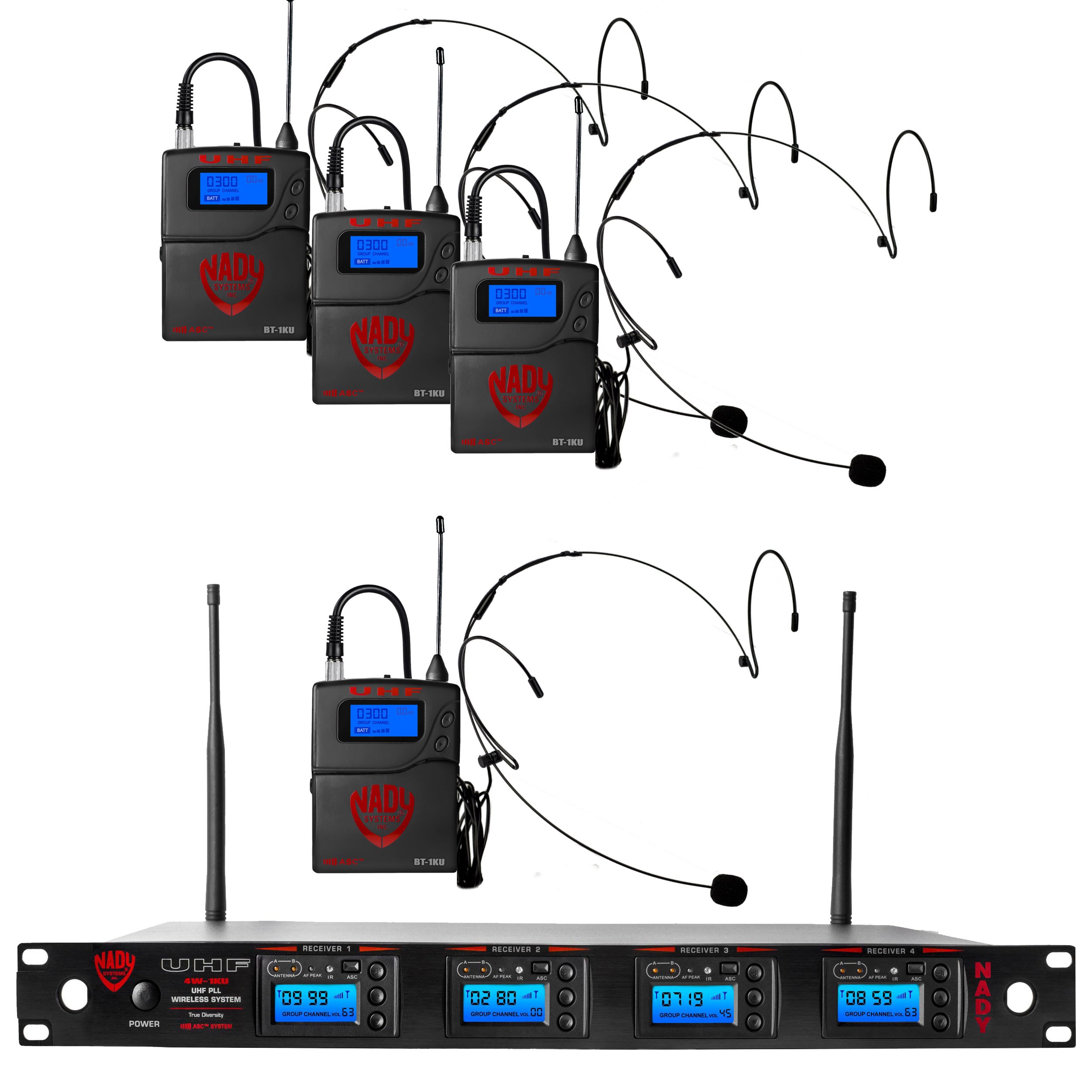 Professional Nady 4W-1KU HM-10 UHF Wireless System with 4 Headset Mics - 1000-Channel True Diversity, AutoScan & Metal Construction - Ideal for Live Performances, Conferences & Broadcasting