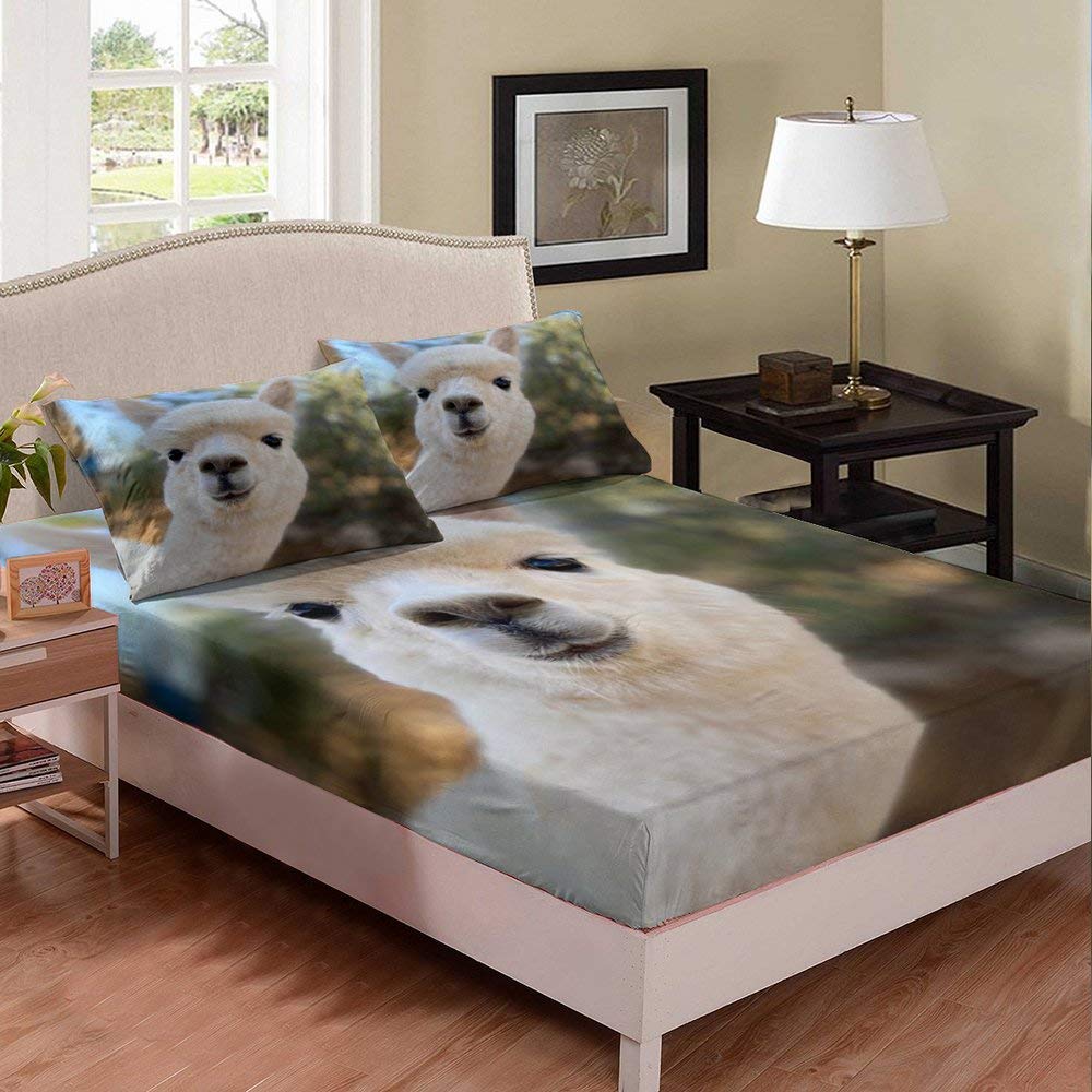 3D White Alpaca Pattern Queen Size Bed Sheet Set - Soft Cute Alpaca Printed Fitted Sheet & 2 Pillowcases for Teens, Kids Boys & Girls - 3 Piece Duvet Cover Set for Cozy Bedroom Decor & Animal Theme Room