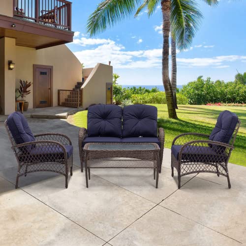Luccalily 4-Piece Patio Rattan Furniture Set with Thick Cushions & Tempered Glass Table - Outdoor Wicker Conversation Set for Garden, Porch, Backyard (Blue) | Perfect for Relaxing, Entertaining & Outdoor Dining