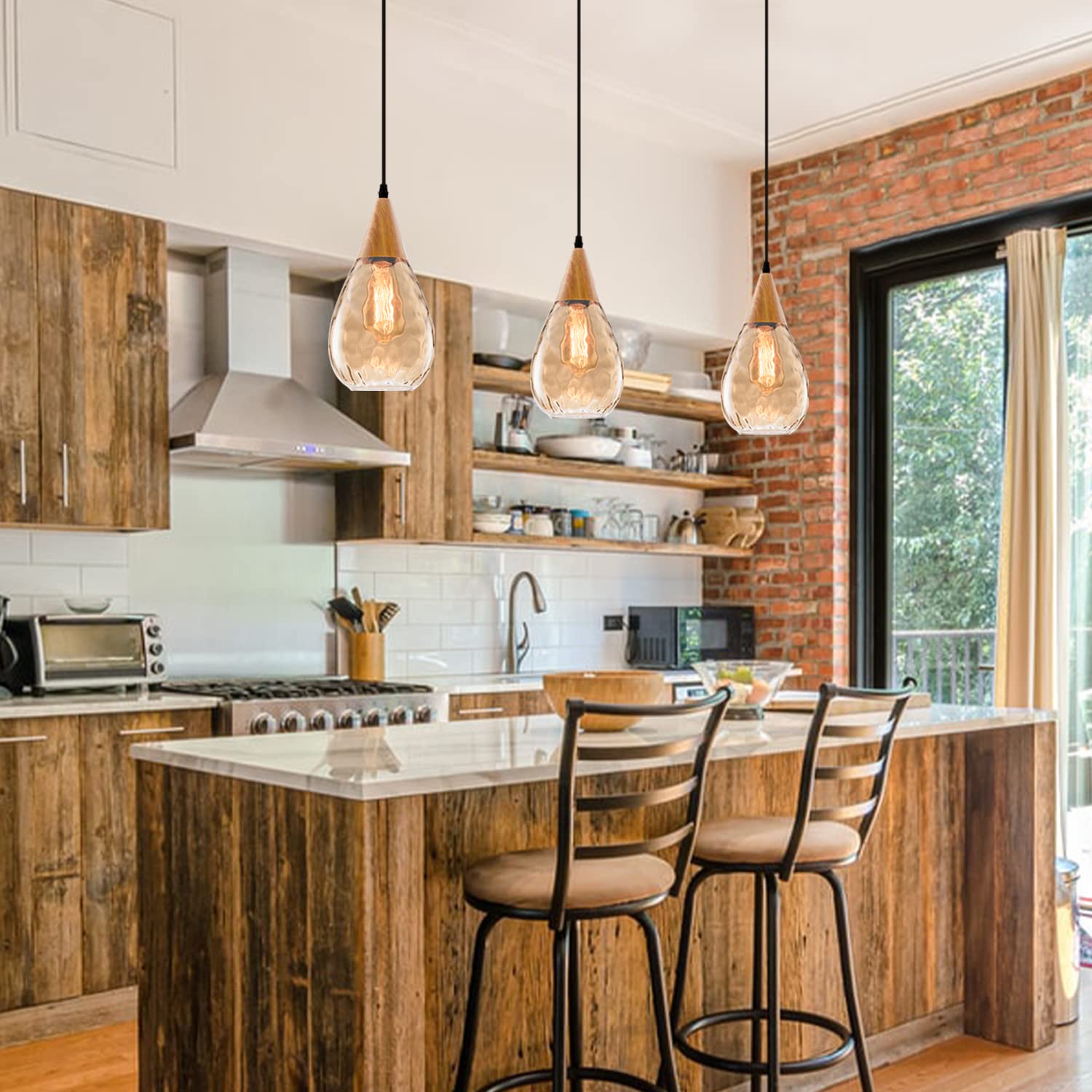 3 Pack Adjustable Pendant Lights with Teardrop Glass Shades - Modern Nylon Cord Ceiling Lighting for Kitchen Island, Dining Room, Coffee Bar & Workspace | Bulb Not Included | Perfect for Contemporary Home Decor & Commercial Spaces