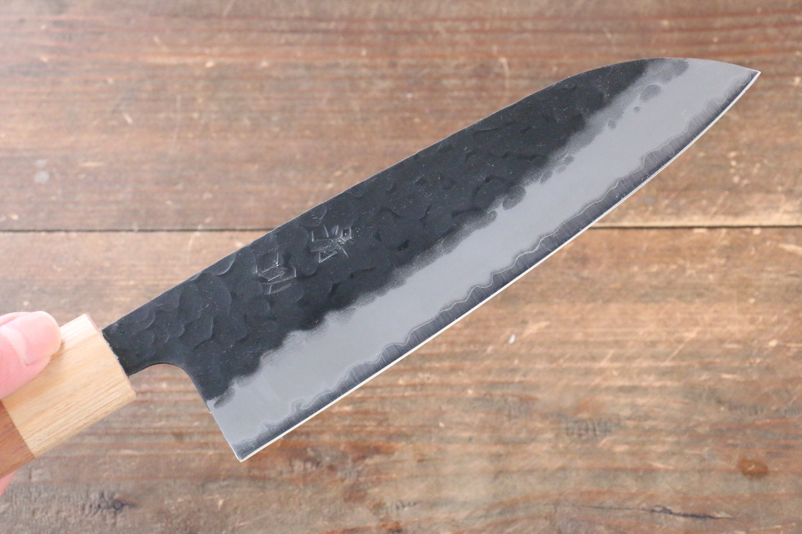 Seisuke Kokubyaku Blue Super Hammered Santoku Knife 165mm with Morado Wood Handle - Perfect for Slicing, Dicing, and Chopping Vegetables in Professional Kitchens & Home Cooking