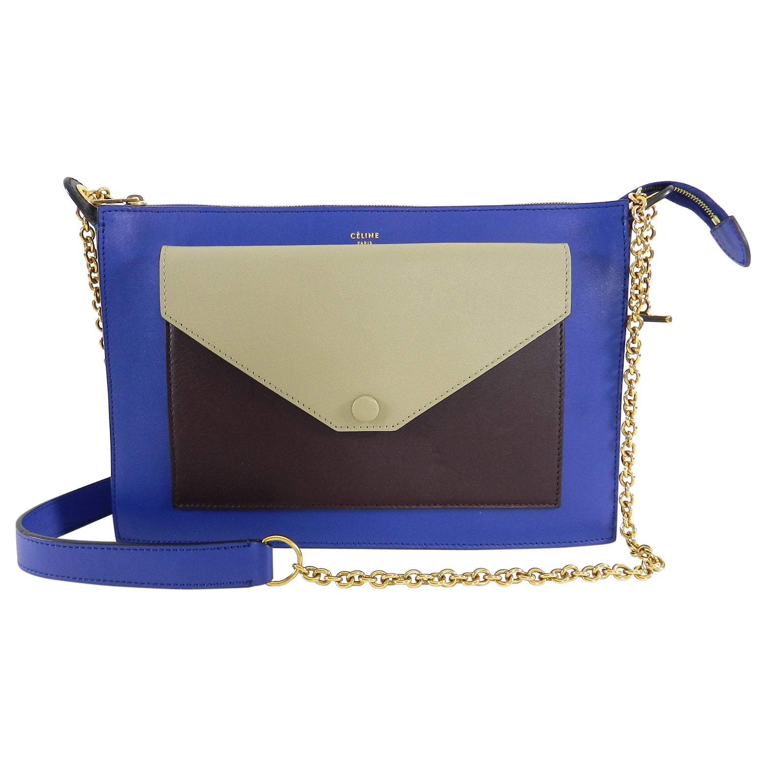 Celine Tricolor Blue Burgundy Taupe Leather Crossbody Bag with Front Pocket - Perfect for Work, Travel & Everyday Use