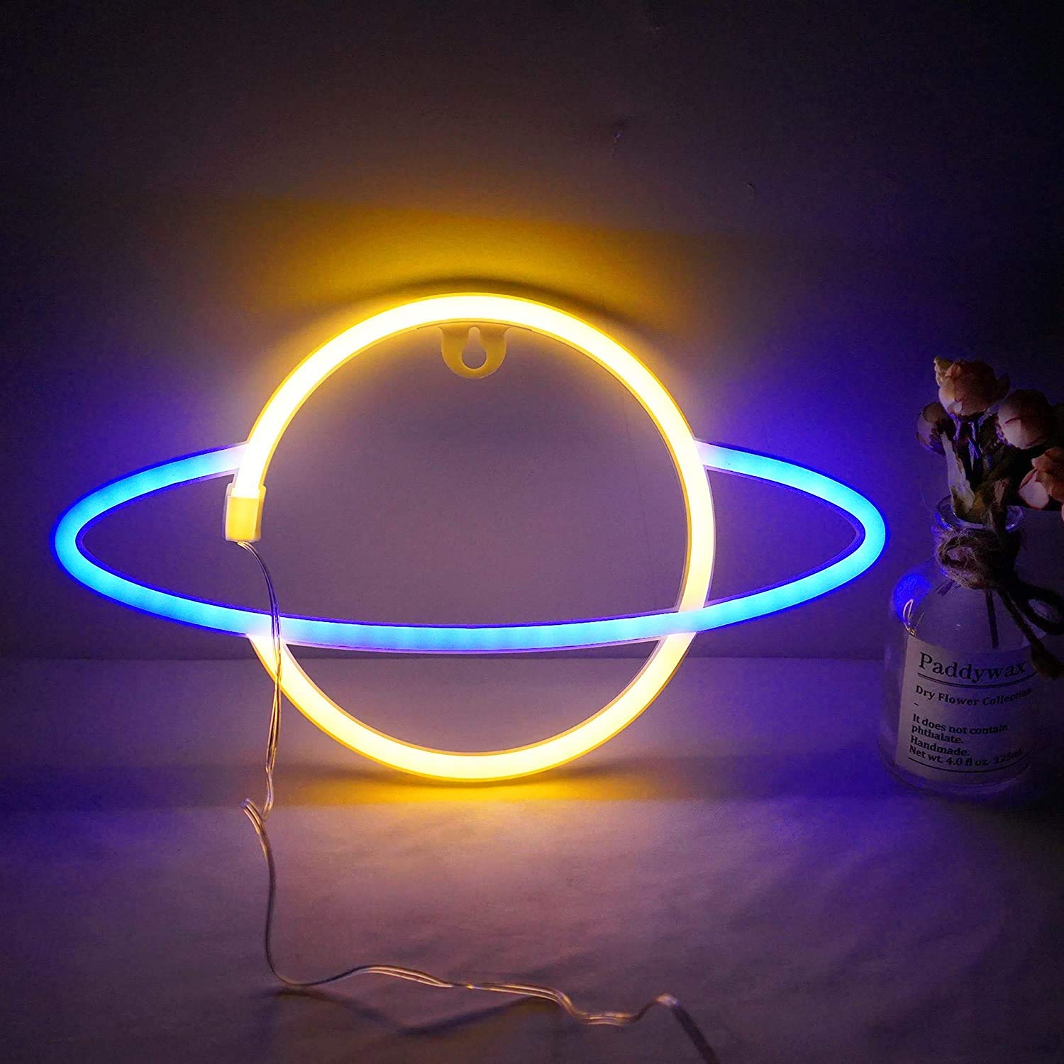WONFAST LED Neon Sign - Planet Rocket Acrylic Night Light with Battery/USB Power, Wall Decor for Kids Room, Christmas, Birthday, Wedding Party (Yellow/Blue) - Perfect for Bedroom, Nursery, Game Room & Home Theater Lighting
