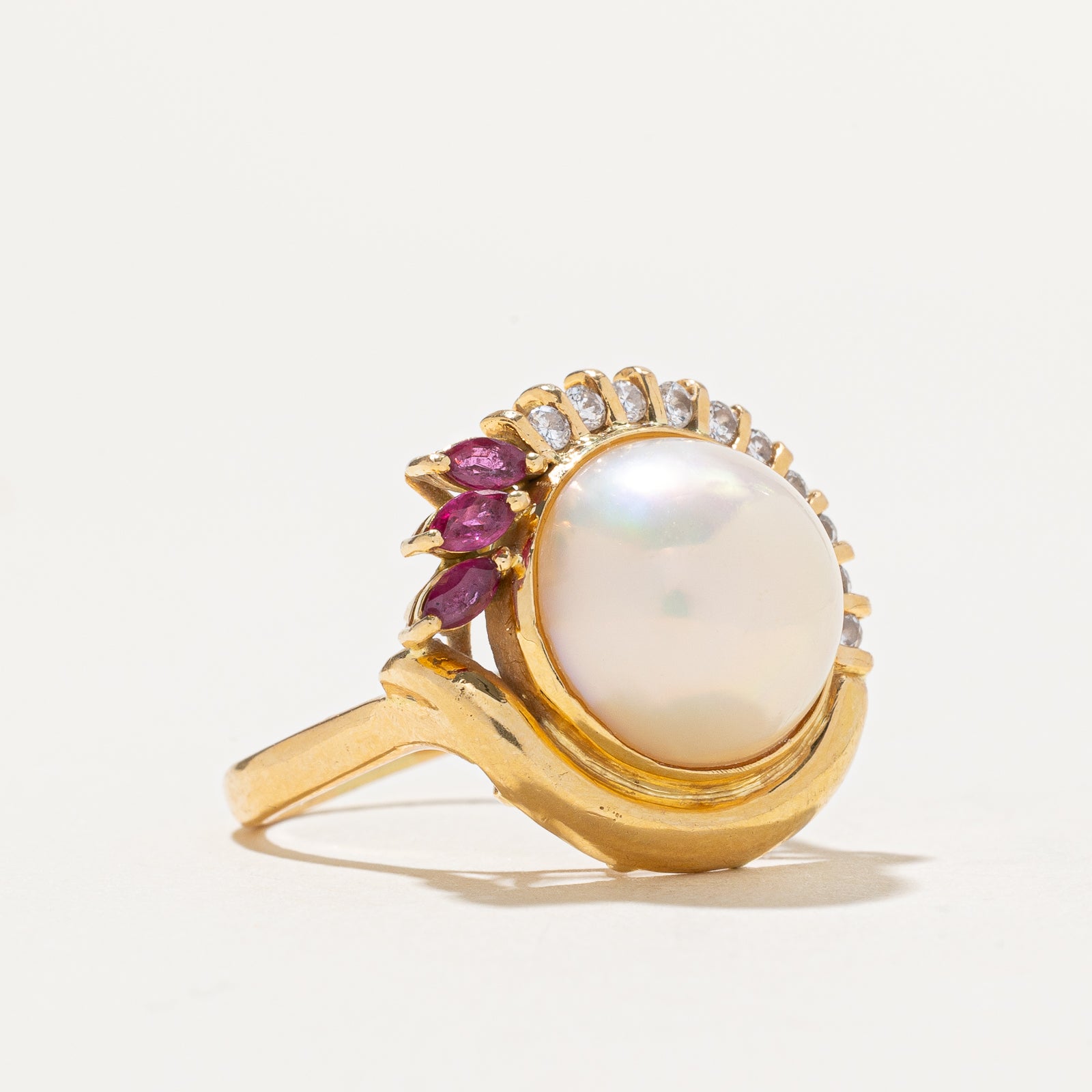 Exquisite Mabé Pearl, Ruby & Diamond Cocktail Ring - 0.20ctw Ruby & 0.25ctw Diamonds - Size 7.25 - Elegant Evening Wear & Special Occasion Jewelry for Women