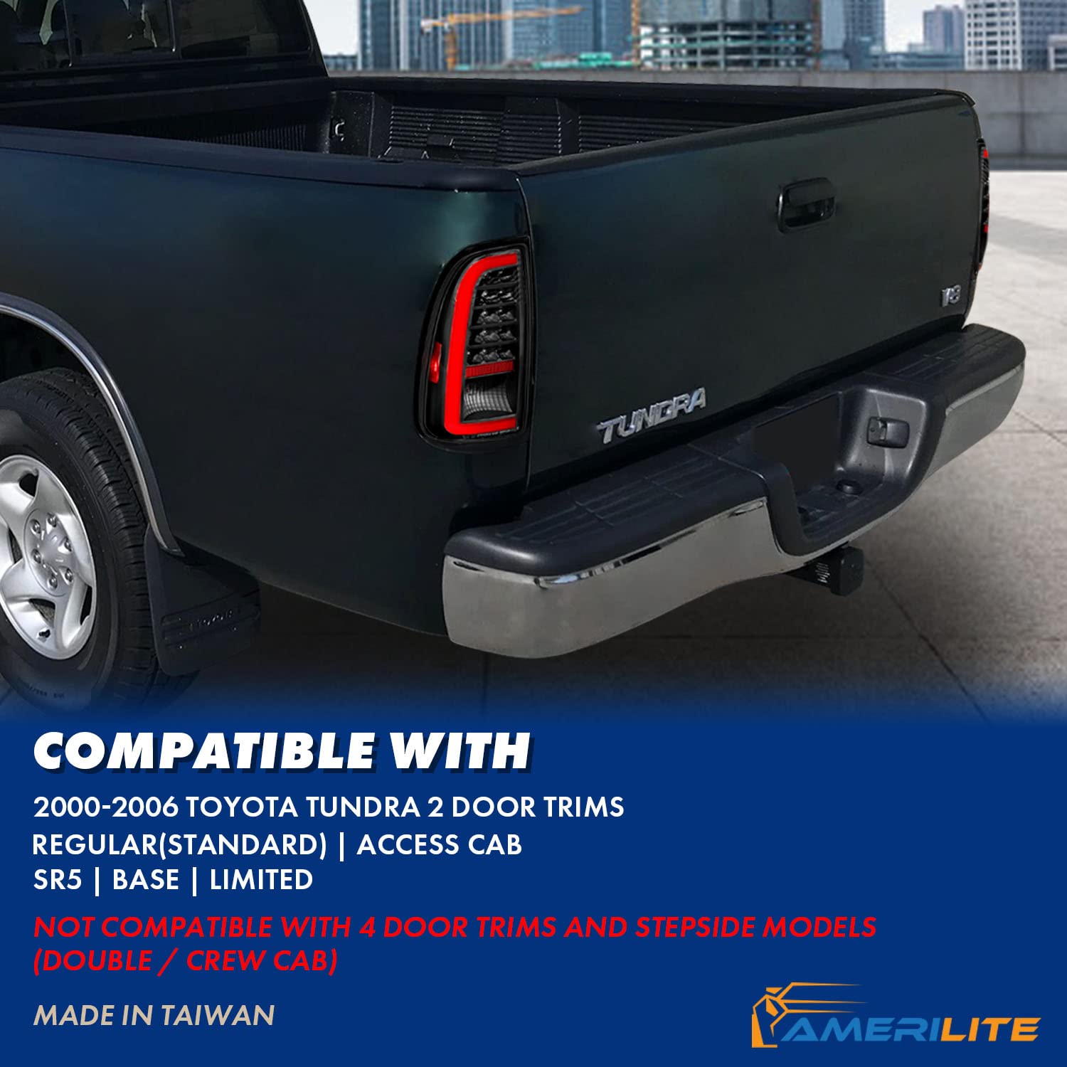 AmeriLite LED Brake Tail Lights for 2000-2006 Toyota Tundra Standard Access Cab - C-Type Black Replacement Light Pair (Driver & Passenger Side) | Durable, Bright & Weatherproof for Night Driving & Enhanced Safety