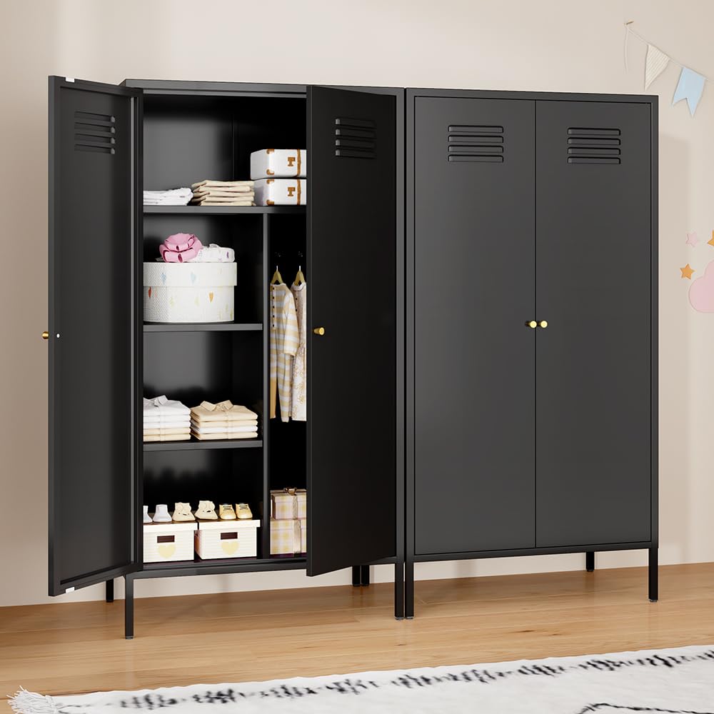 2-Door Steel Wardrobe Closet with Magnetic Closure, Hanging Rod & Laminate Shelves - Tall Metal Storage Cabinet with Legs for Bedroom & Home Organization (Black) | Perfect for Small Spaces, Apartments & Closet Storage Solutions