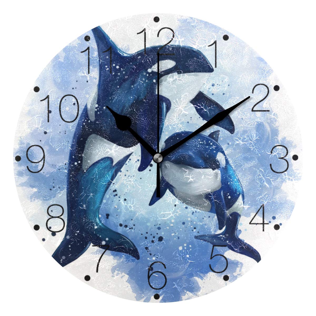 BECCI Two Killer Whales Wall Clock - Silent Non-Ticking Battery Operated Round Clock with Sweep Movement - Modern Home Decor for Kitchen, Living Room, Bedroom, Bathroom & Office - Perfect for Coastal & Nautical Theme Decorations